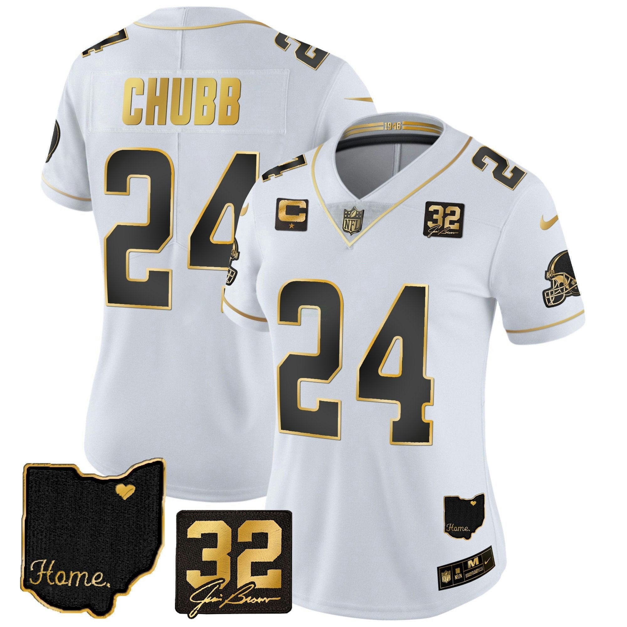 Camisa NFL Women’s #32 Jim Brown Memorial & Home Patch Dourada Jersey