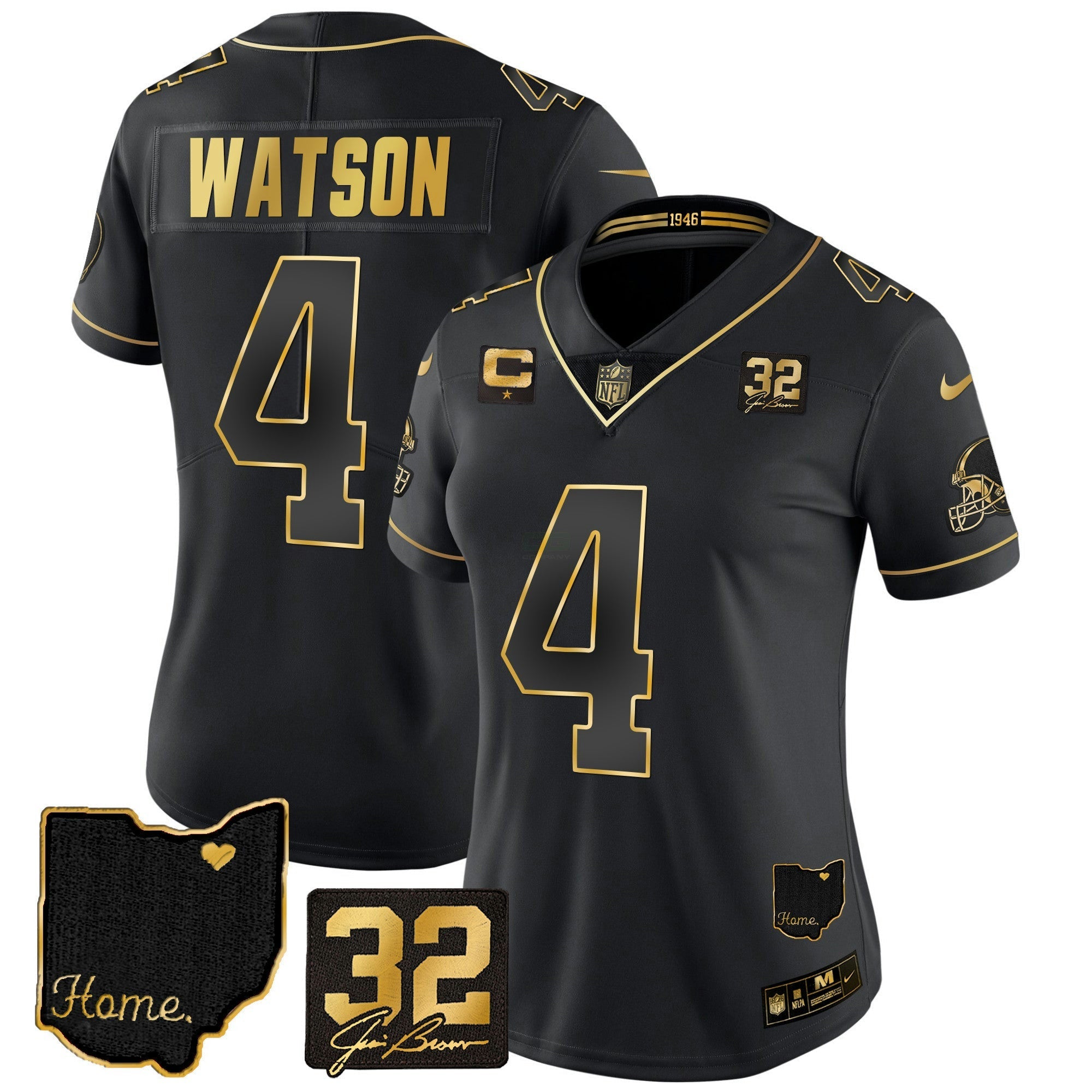 Camisa NFL Women’s #32 Jim Brown Memorial & Home Patch Dourada Jersey
