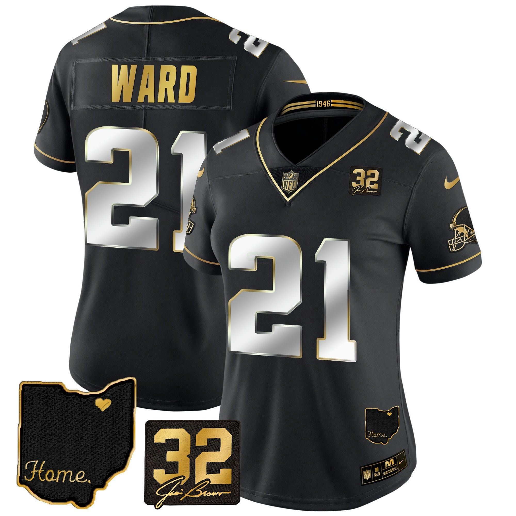Camisa NFL Women’s #32 Jim Brown Memorial & Home Patch Dourada Jersey