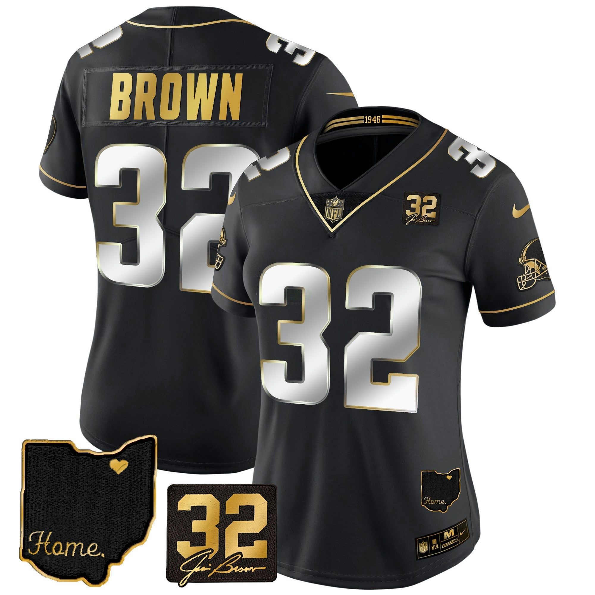 Camisa NFL Women’s #32 Jim Brown Memorial & Home Patch Dourada Jersey