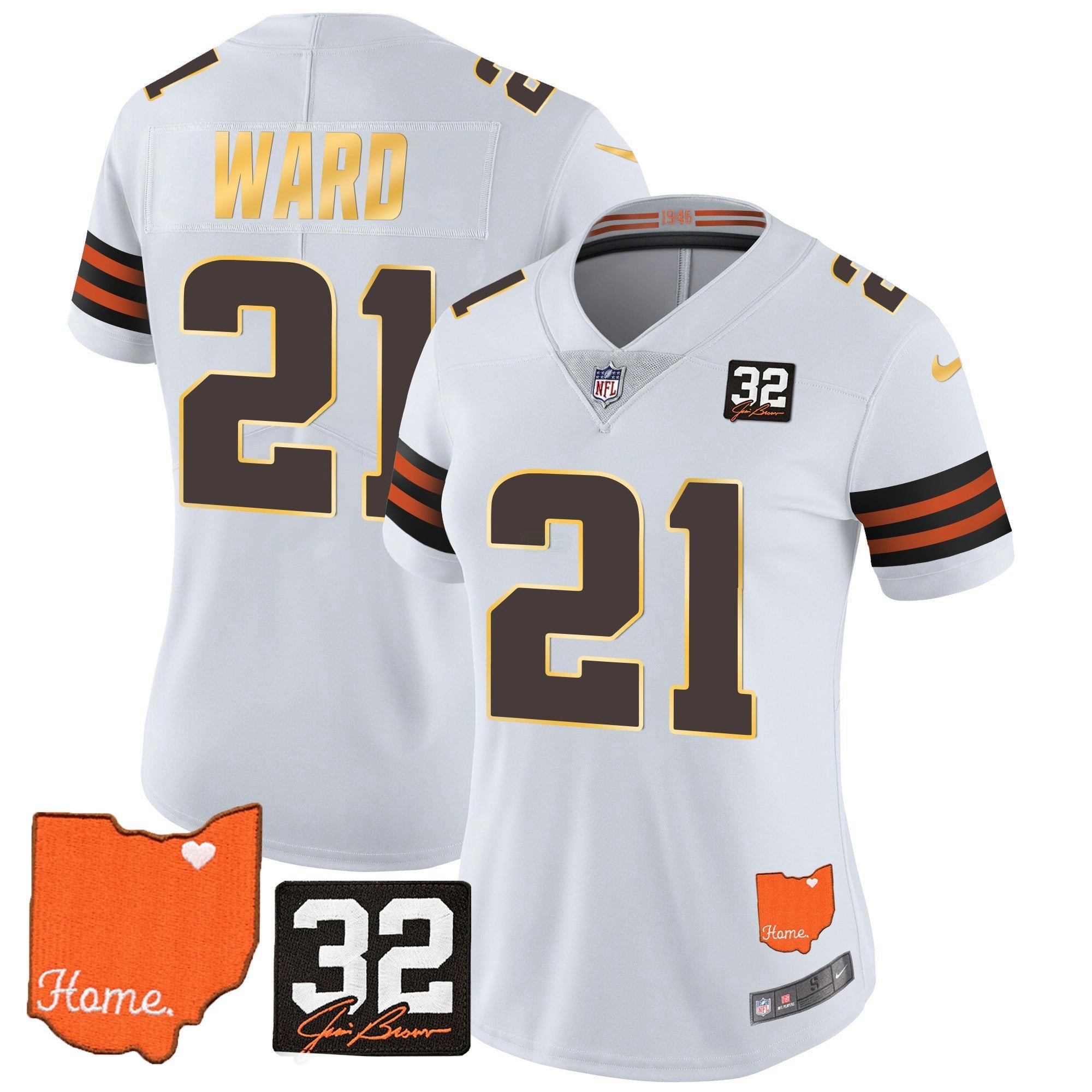 Camisa NFL Women’s #32 Jim Brown Memorial & Home Patch Dourada Trim Jersey