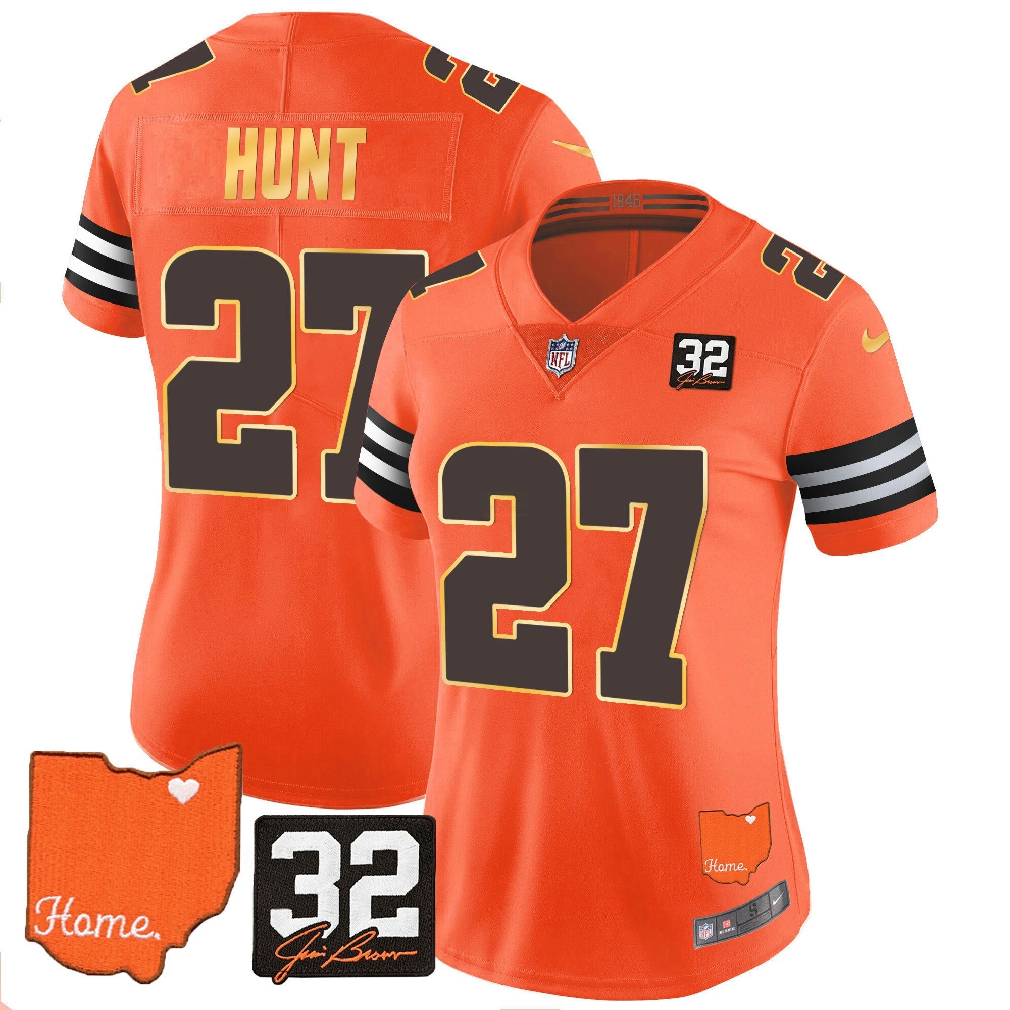 Camisa NFL Women’s #32 Jim Brown Memorial & Home Patch Dourada Trim Jersey