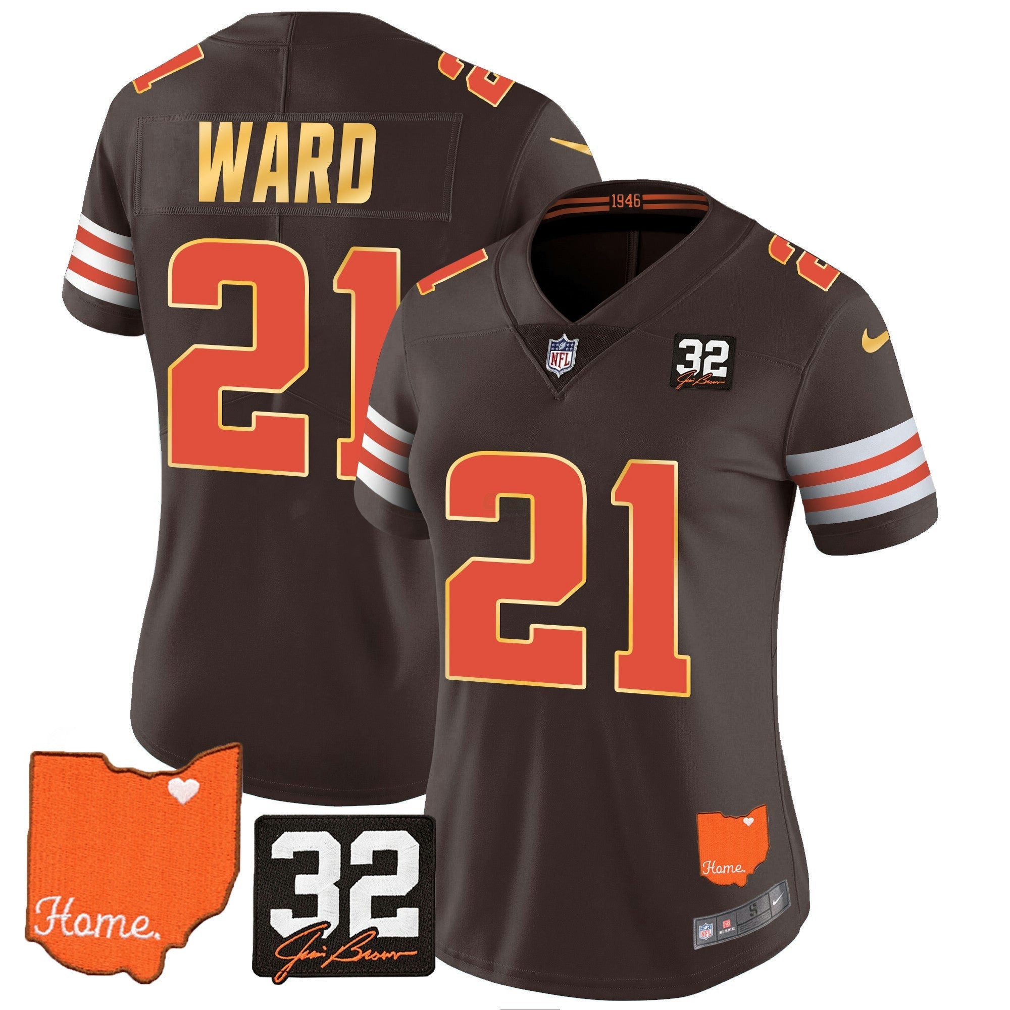 Camisa NFL Women’s #32 Jim Brown Memorial & Home Patch Dourada Trim Jersey