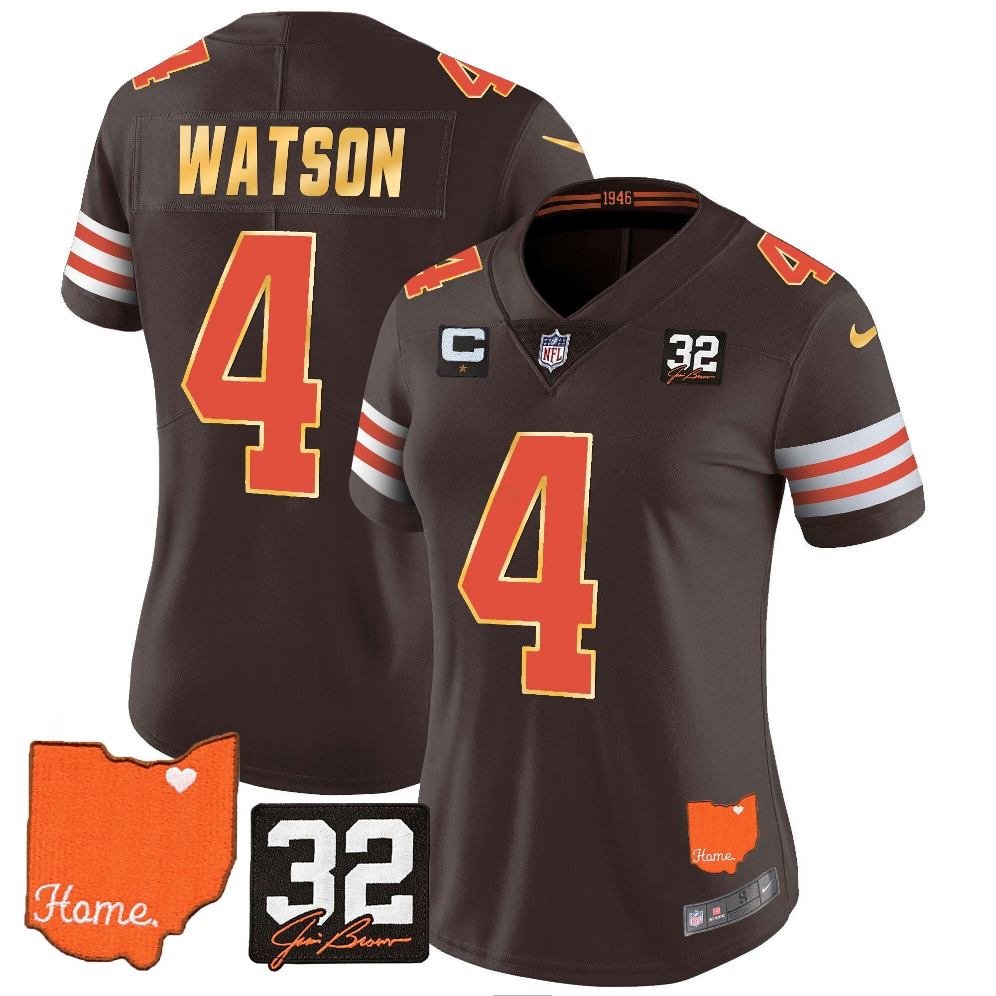 Camisa NFL Women’s #32 Jim Brown Memorial & Home Patch Dourada Trim Jersey