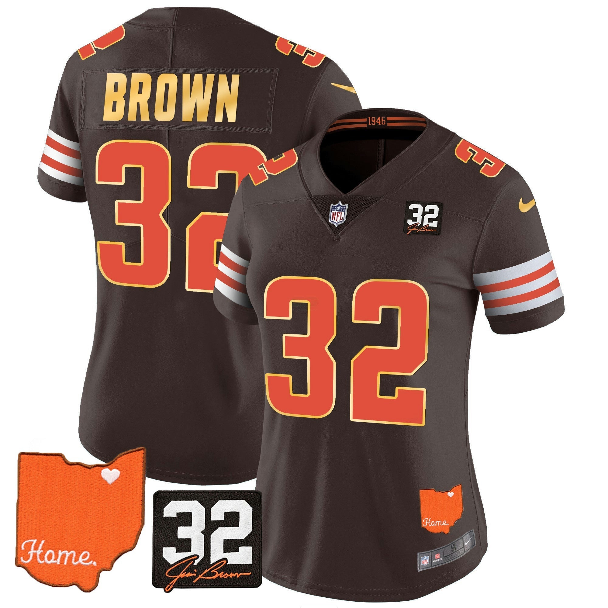 Camisa NFL Women’s #32 Jim Brown Memorial & Home Patch Dourada Trim Jersey
