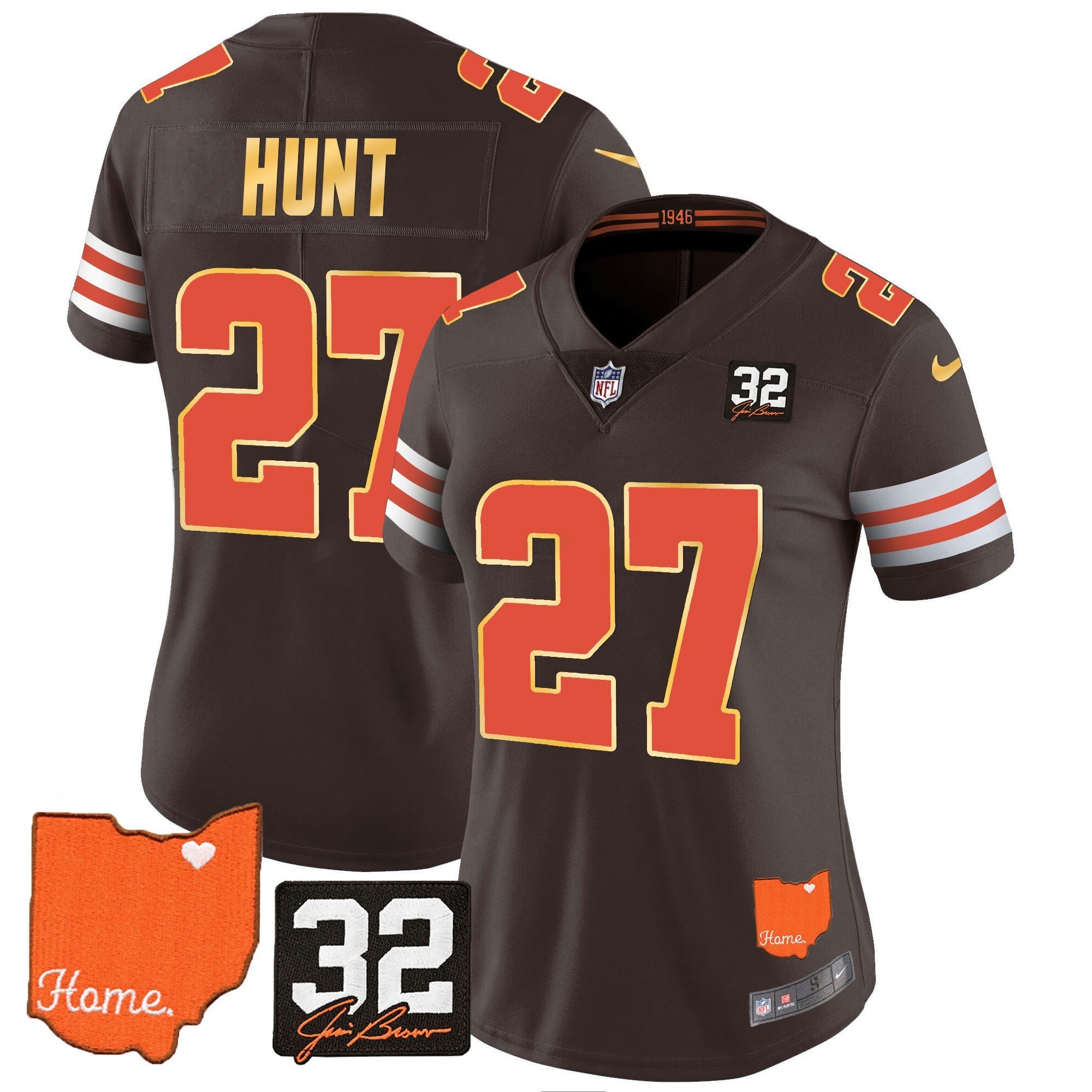 Camisa NFL Women’s #32 Jim Brown Memorial & Home Patch Dourada Trim Jersey