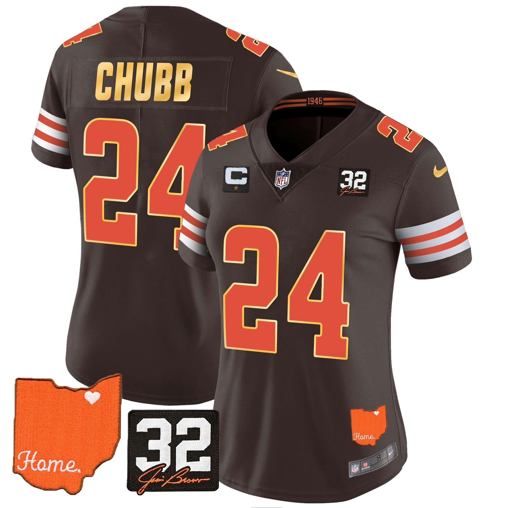 Camisa NFL Women’s #32 Jim Brown Memorial & Home Patch Dourada Trim Jersey