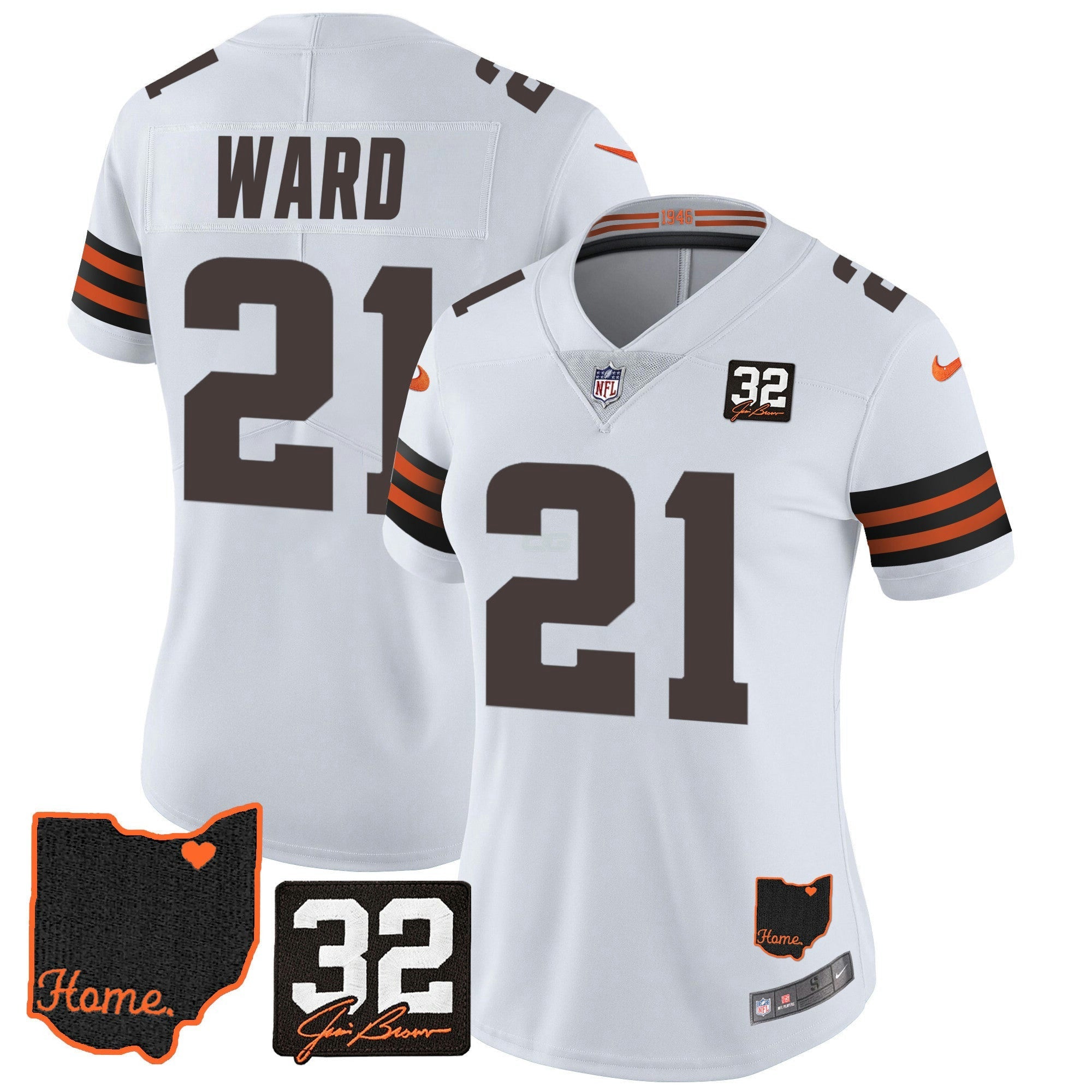 Camisa NFL Women’s #32 Jim Brown Memorial & Home Patch Jersey V3
