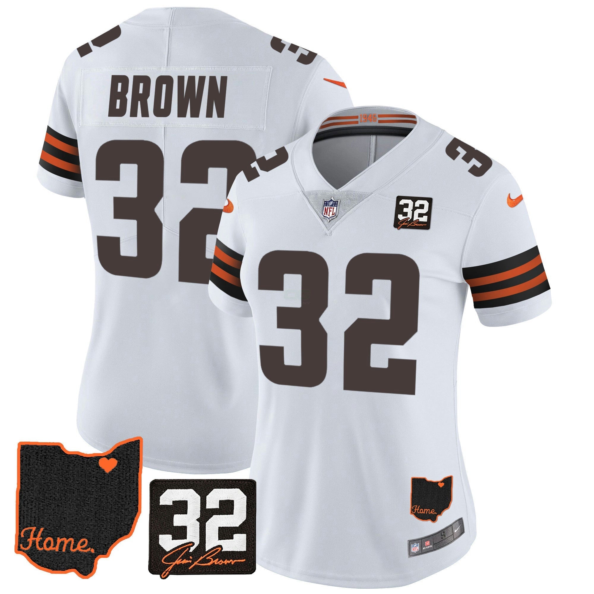 Camisa NFL Women’s #32 Jim Brown Memorial & Home Patch Jersey V3