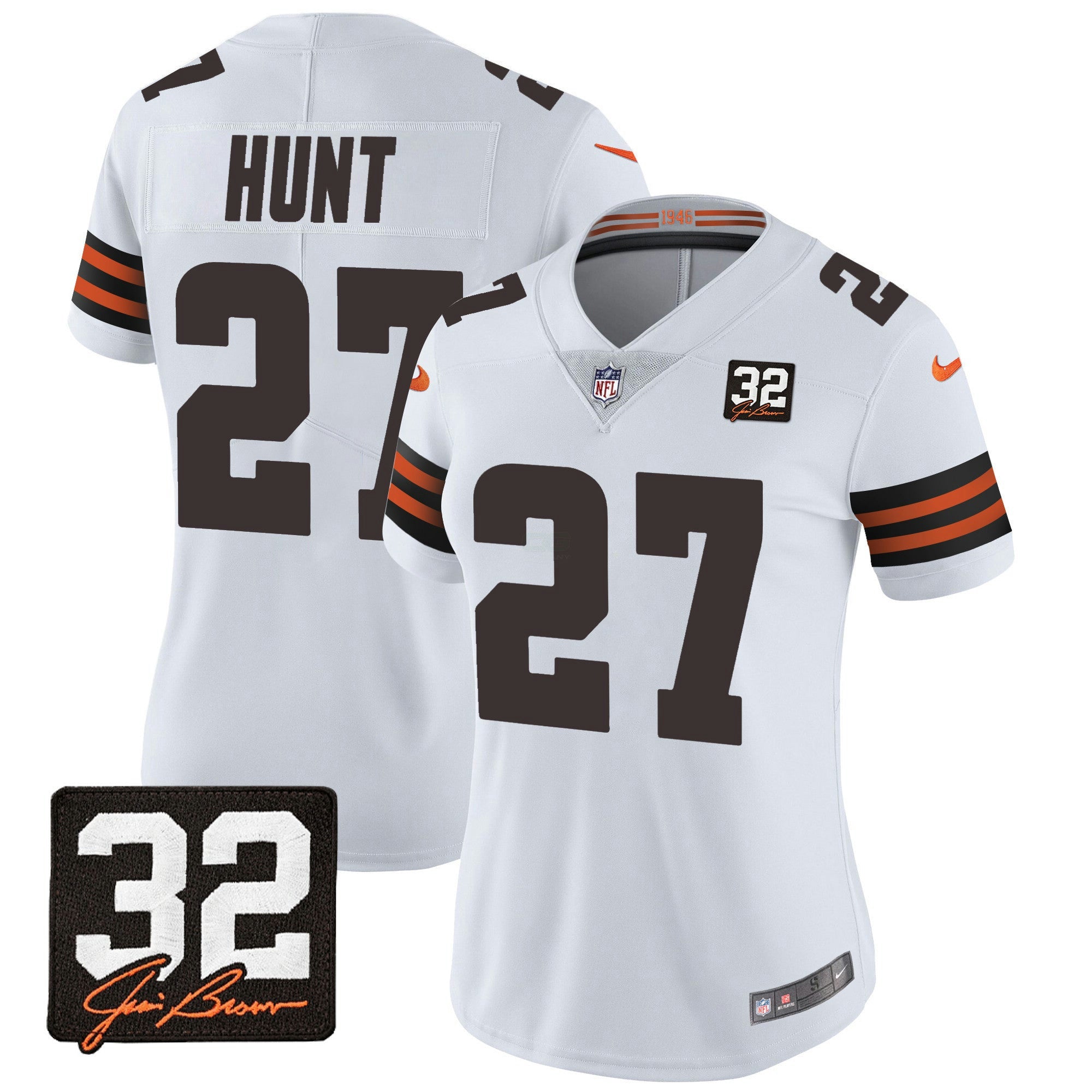 Camisa NFL Women’s #32 Jim Brown Memorial & Home Patch Jersey V3