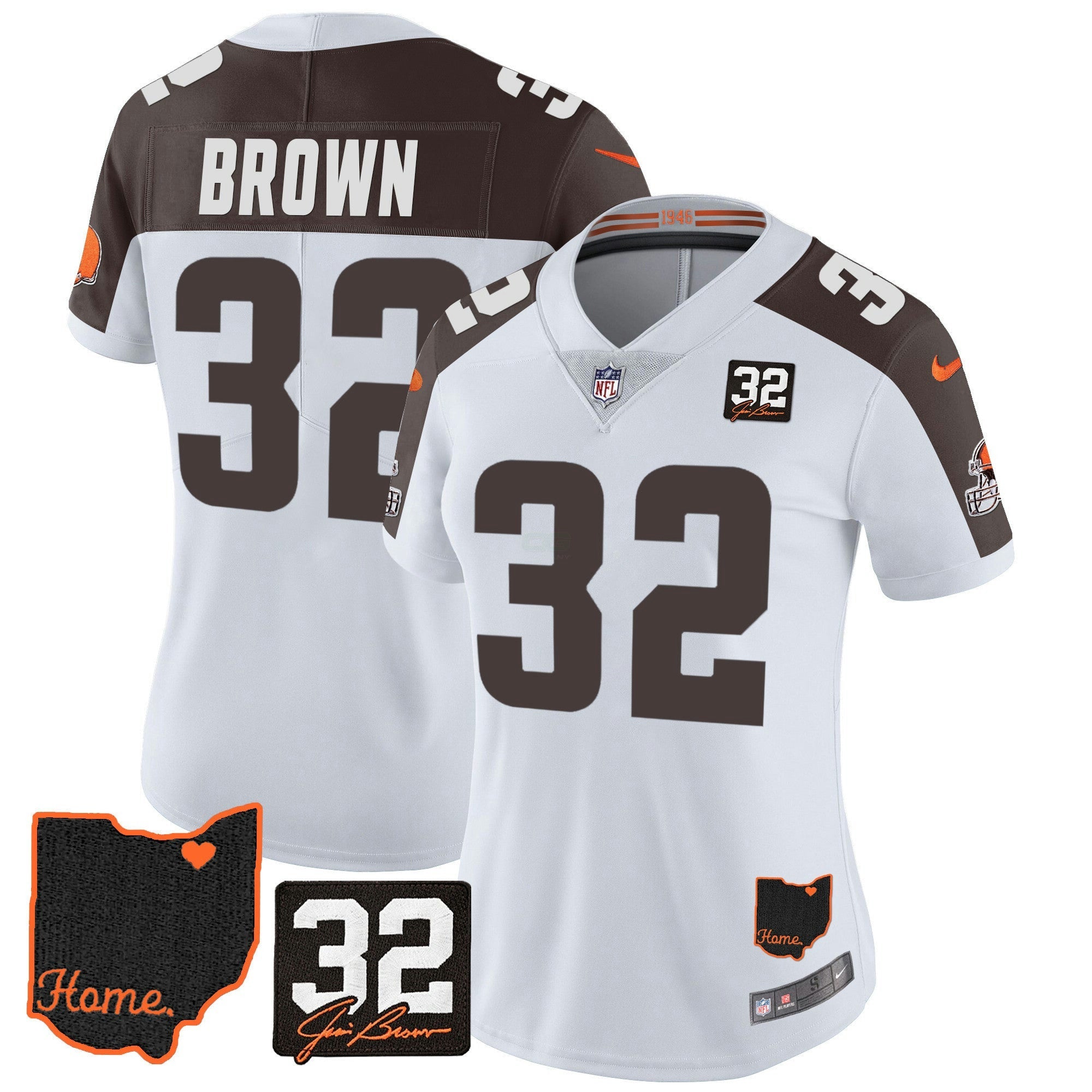 Camisa NFL Women’s #32 Jim Brown Memorial & Home Patch Jersey V3