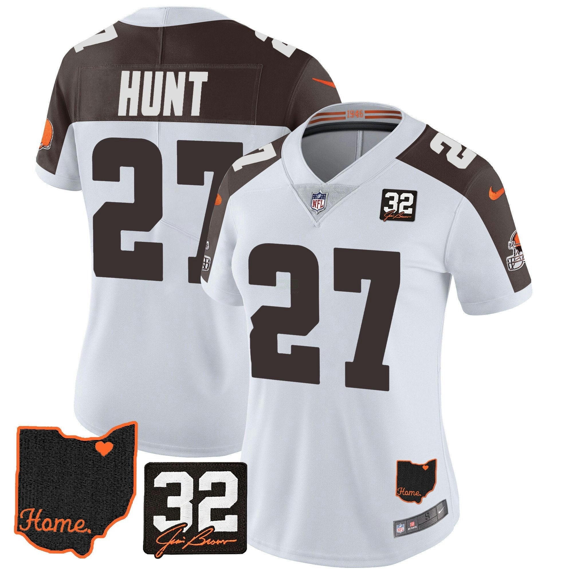 Camisa NFL Women’s #32 Jim Brown Memorial & Home Patch Jersey V3