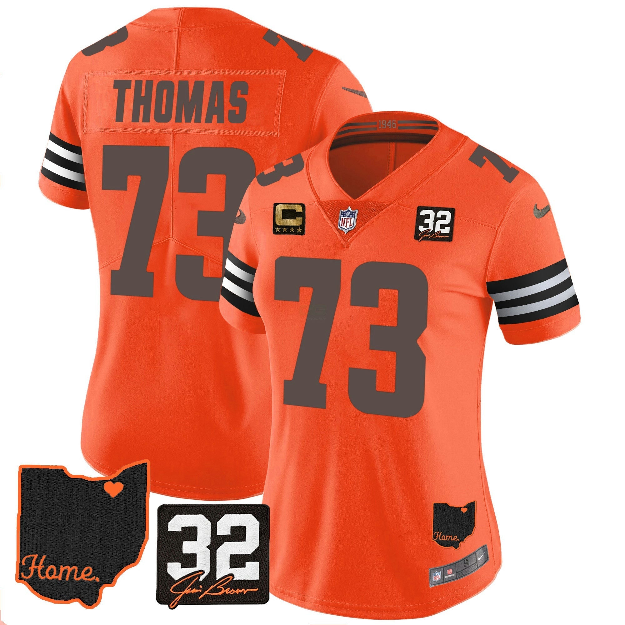 Camisa NFL Women’s #32 Jim Brown Memorial & Home Patch Jersey V3