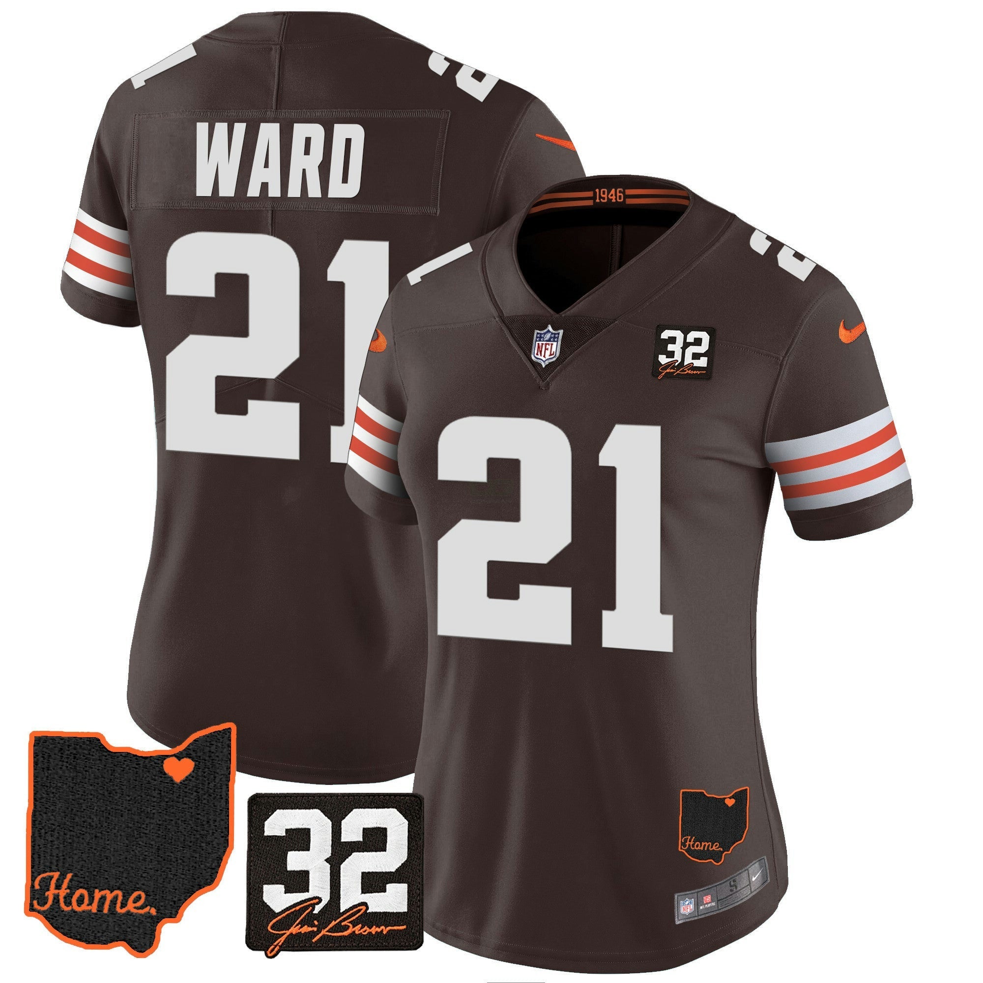 Camisa NFL Women’s #32 Jim Brown Memorial & Home Patch Jersey V3