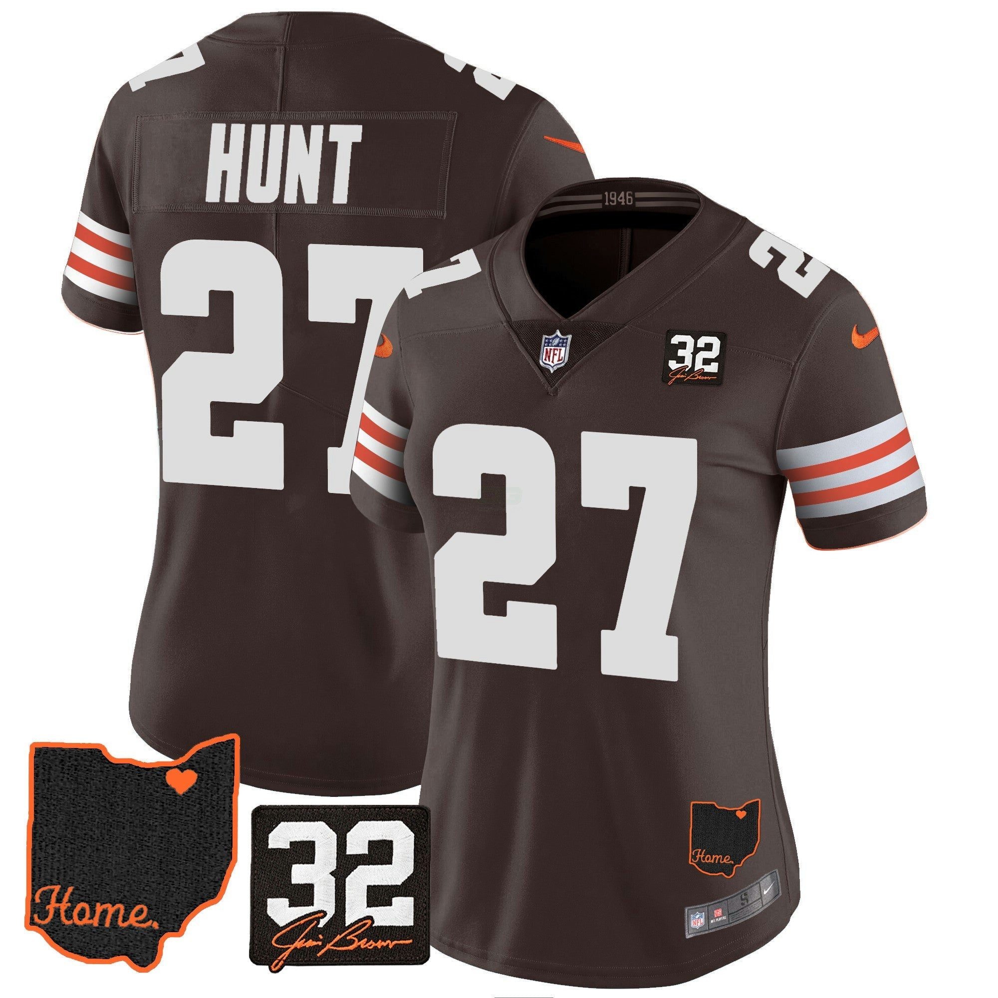 Camisa NFL Women’s #32 Jim Brown Memorial & Home Patch Jersey V3