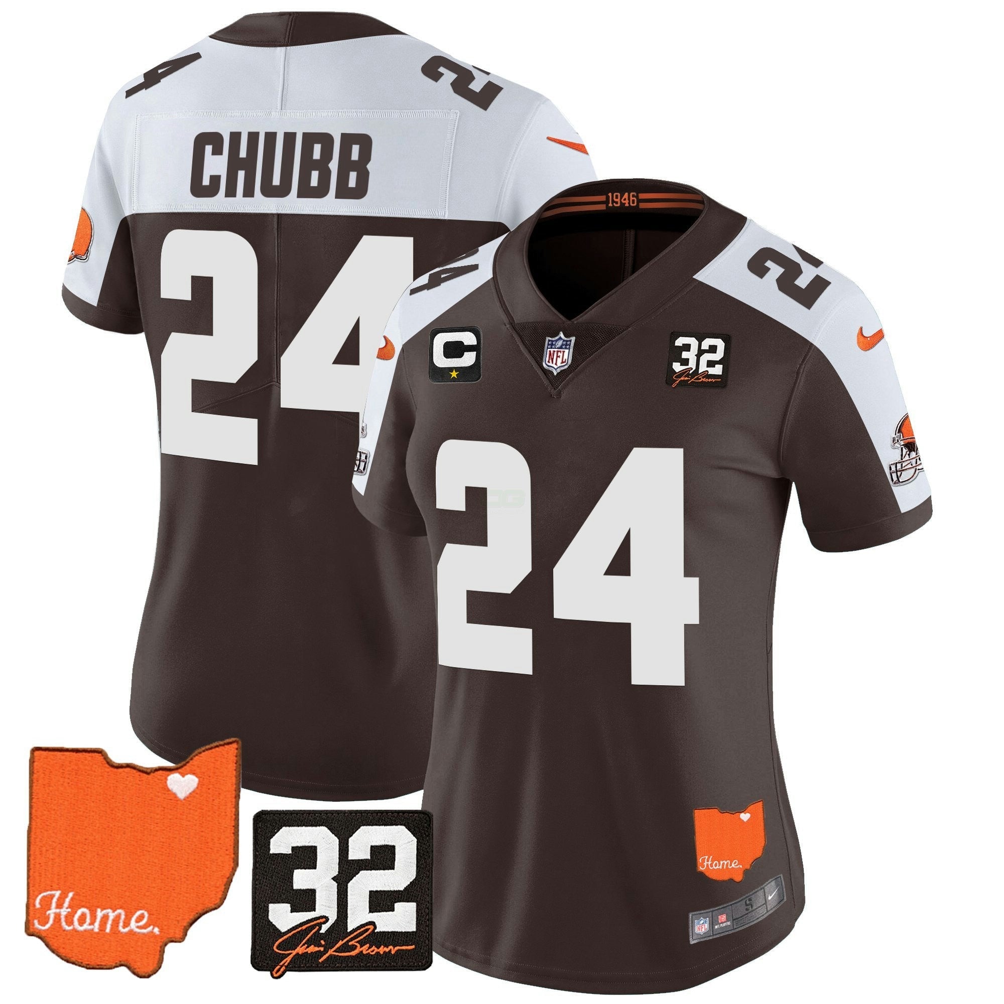 Camisa NFL Women’s #32 Jim Brown Memorial & Home Patch Vapor Limited Jersey