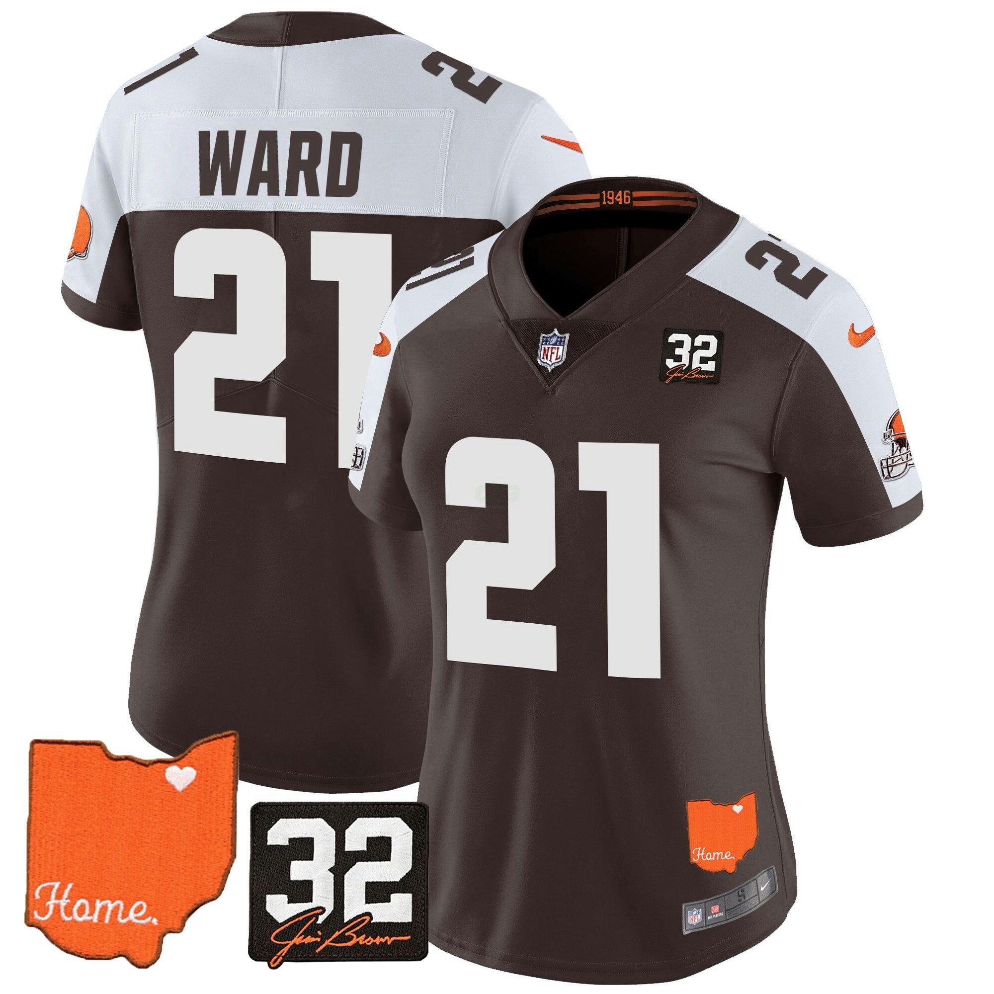 Camisa NFL Women’s #32 Jim Brown Memorial & Home Patch Vapor Limited Jersey