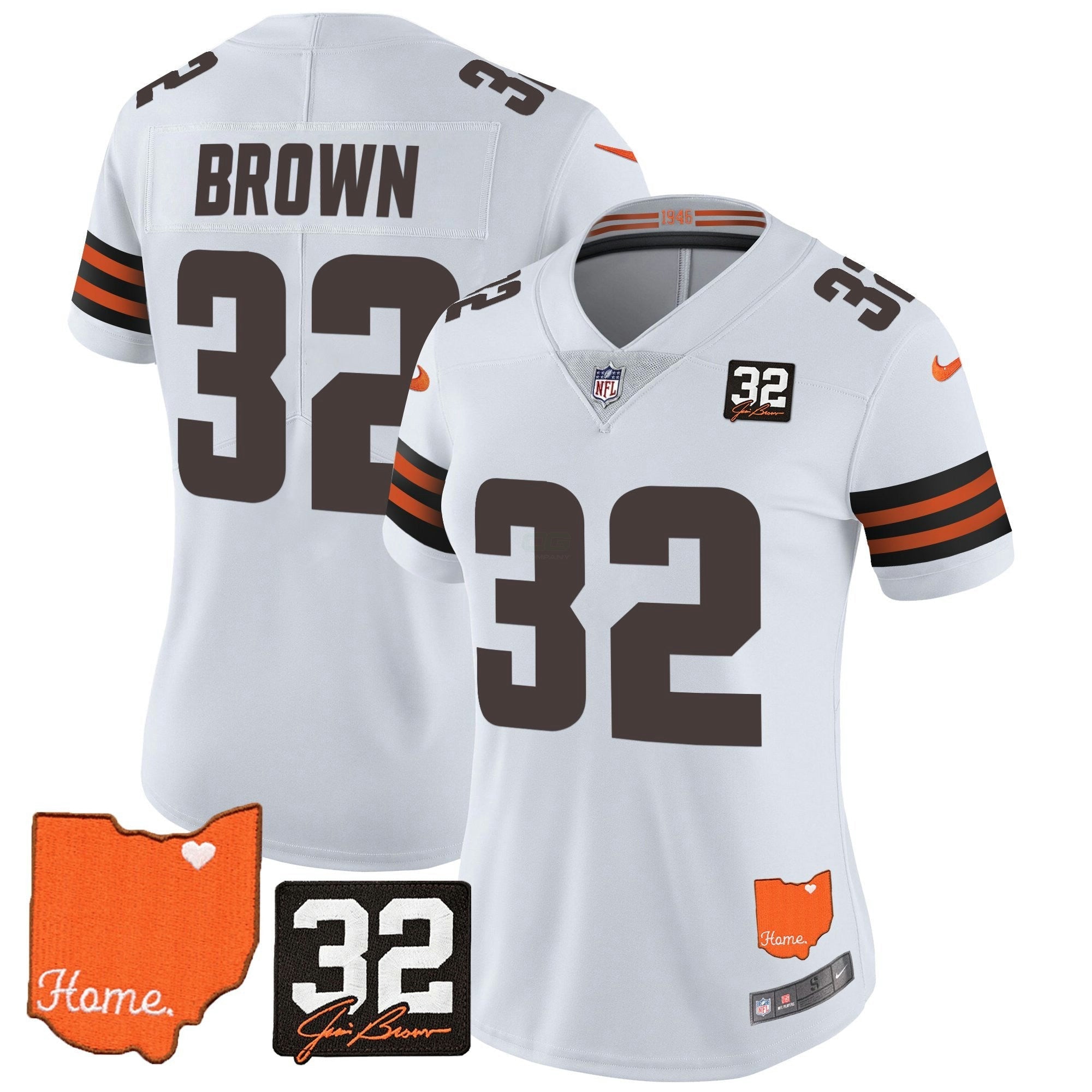 Camisa NFL Women’s #32 Jim Brown Memorial & Home Patch Vapor Limited Jersey