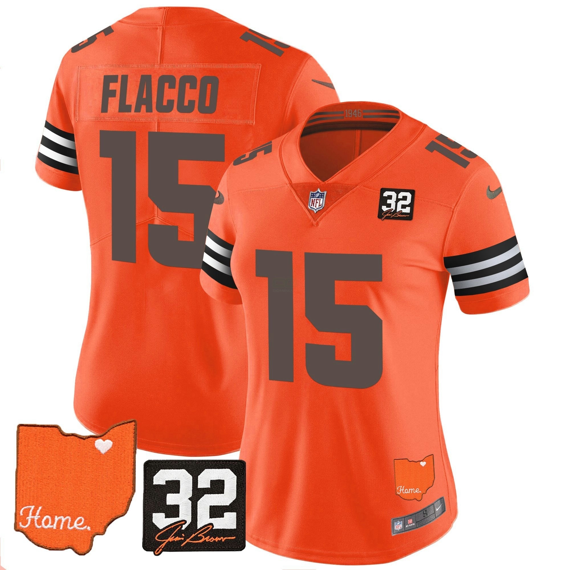 Camisa NFL Women’s #32 Jim Brown Memorial & Home Patch Vapor Limited Jersey