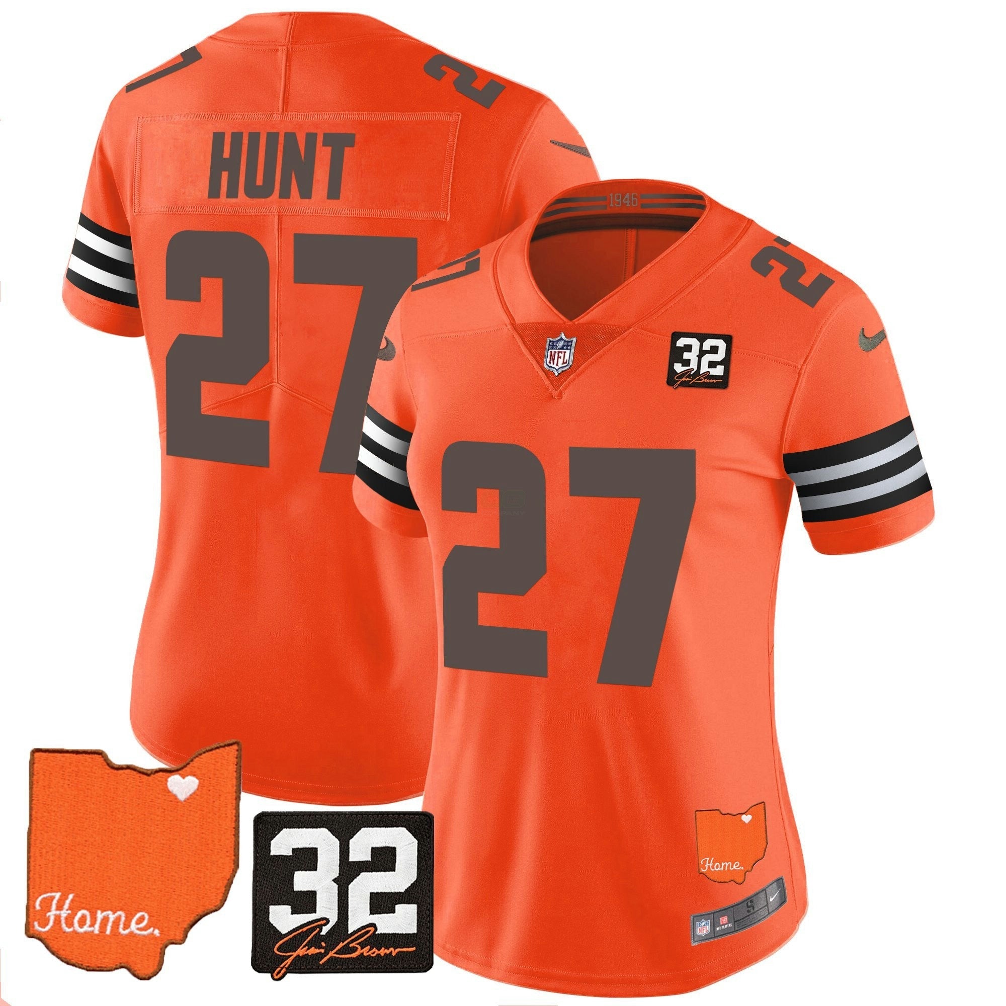 Camisa NFL Women’s #32 Jim Brown Memorial & Home Patch Vapor Limited Jersey