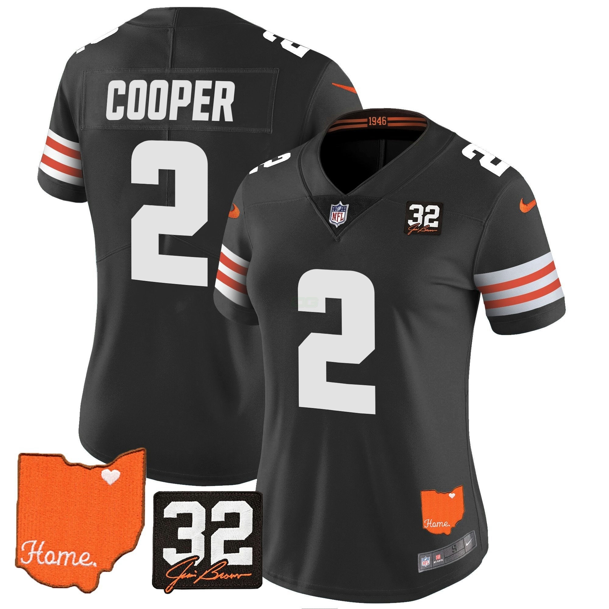 Camisa NFL Women’s #32 Jim Brown Memorial & Home Patch Vapor Limited Jersey