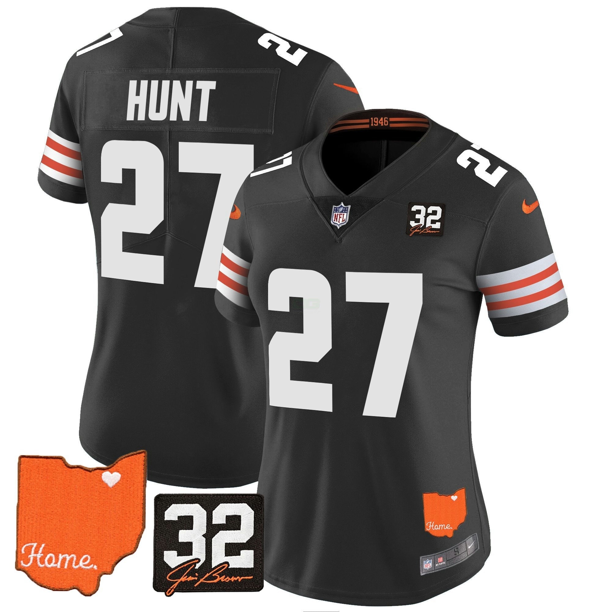 Camisa NFL Women’s #32 Jim Brown Memorial & Home Patch Vapor Limited Jersey
