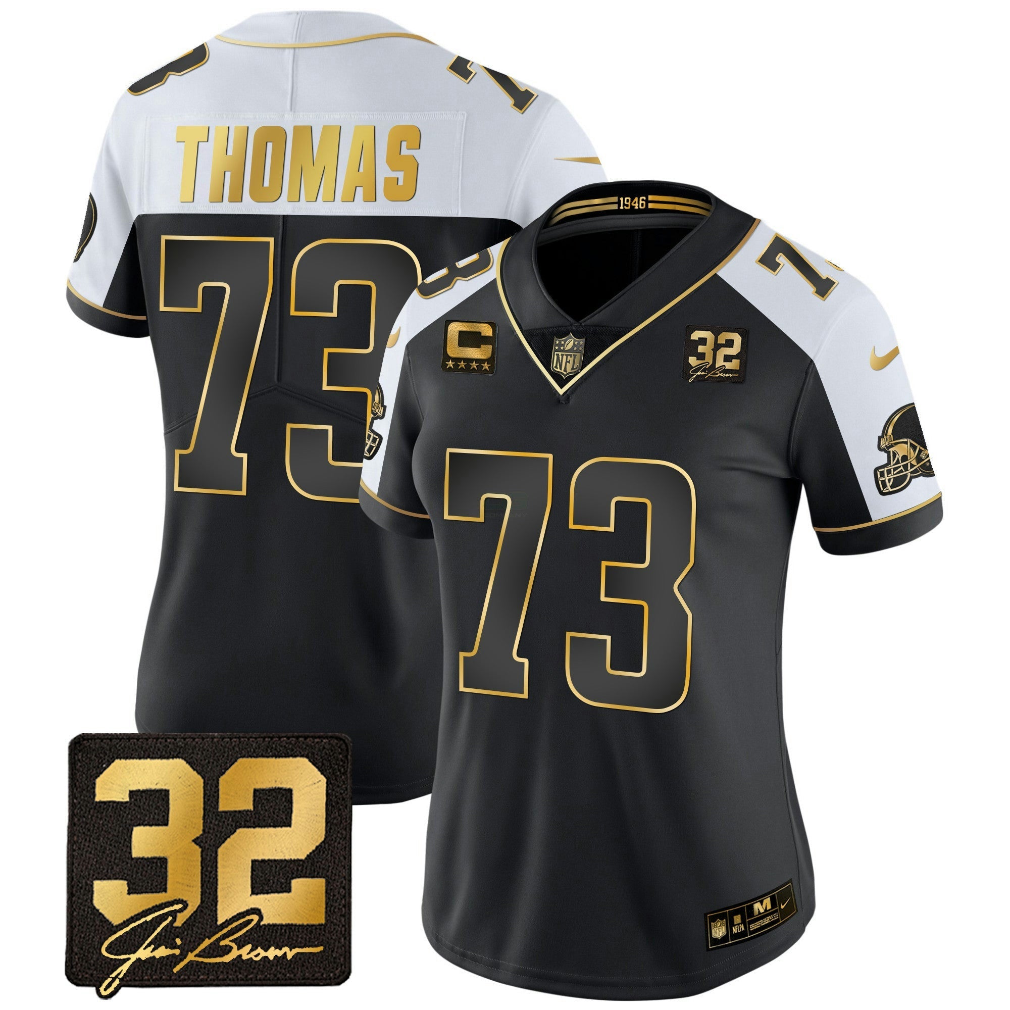 Camisa NFL Women’s #32 Jim Brown Memorial Patch Dourada Jersey