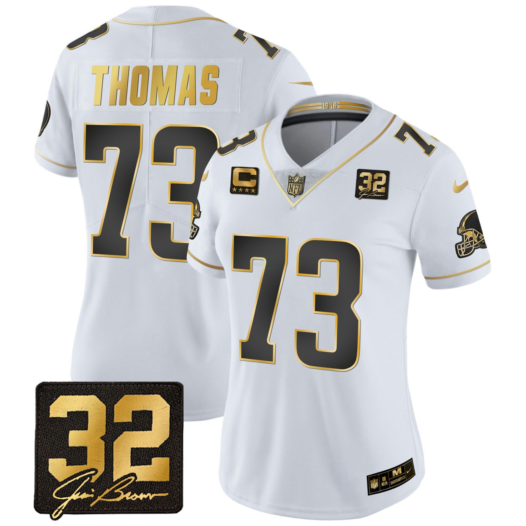 Camisa NFL Women’s #32 Jim Brown Memorial Patch Dourada Jersey