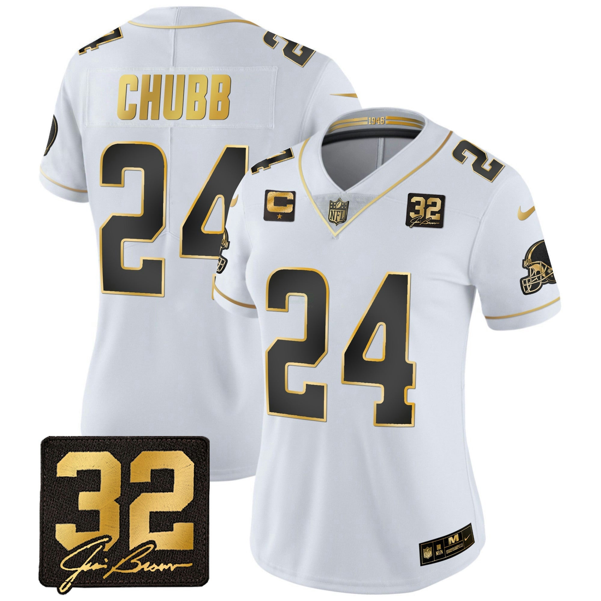 Camisa NFL Women’s #32 Jim Brown Memorial Patch Dourada Jersey
