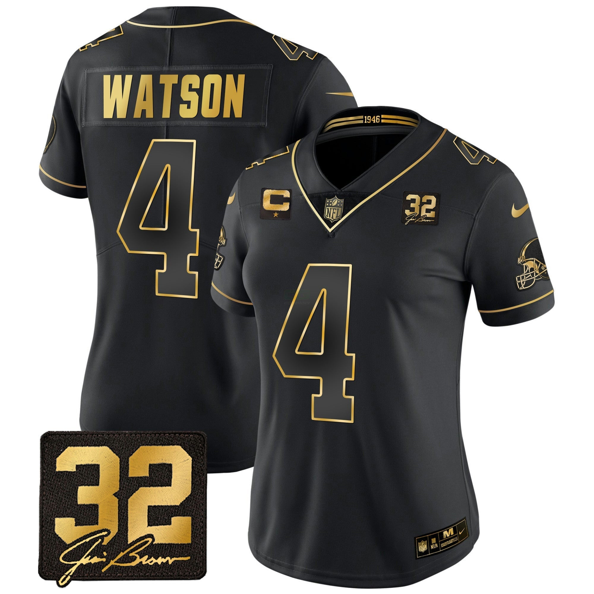 Camisa NFL Women’s #32 Jim Brown Memorial Patch Dourada Jersey