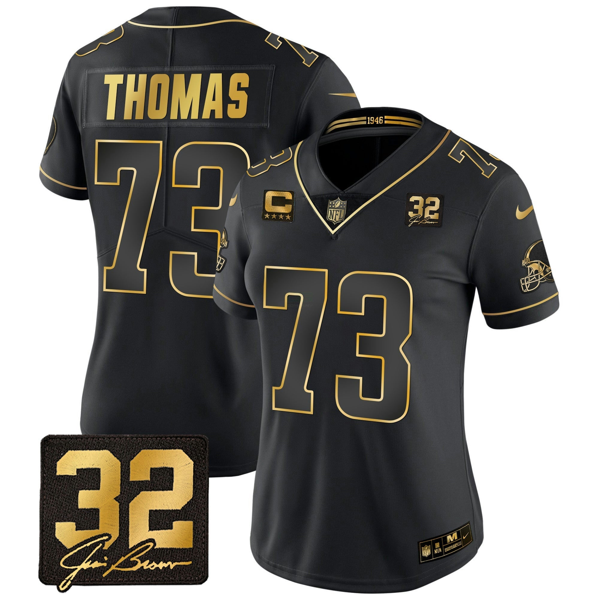 Camisa NFL Women’s #32 Jim Brown Memorial Patch Dourada Jersey