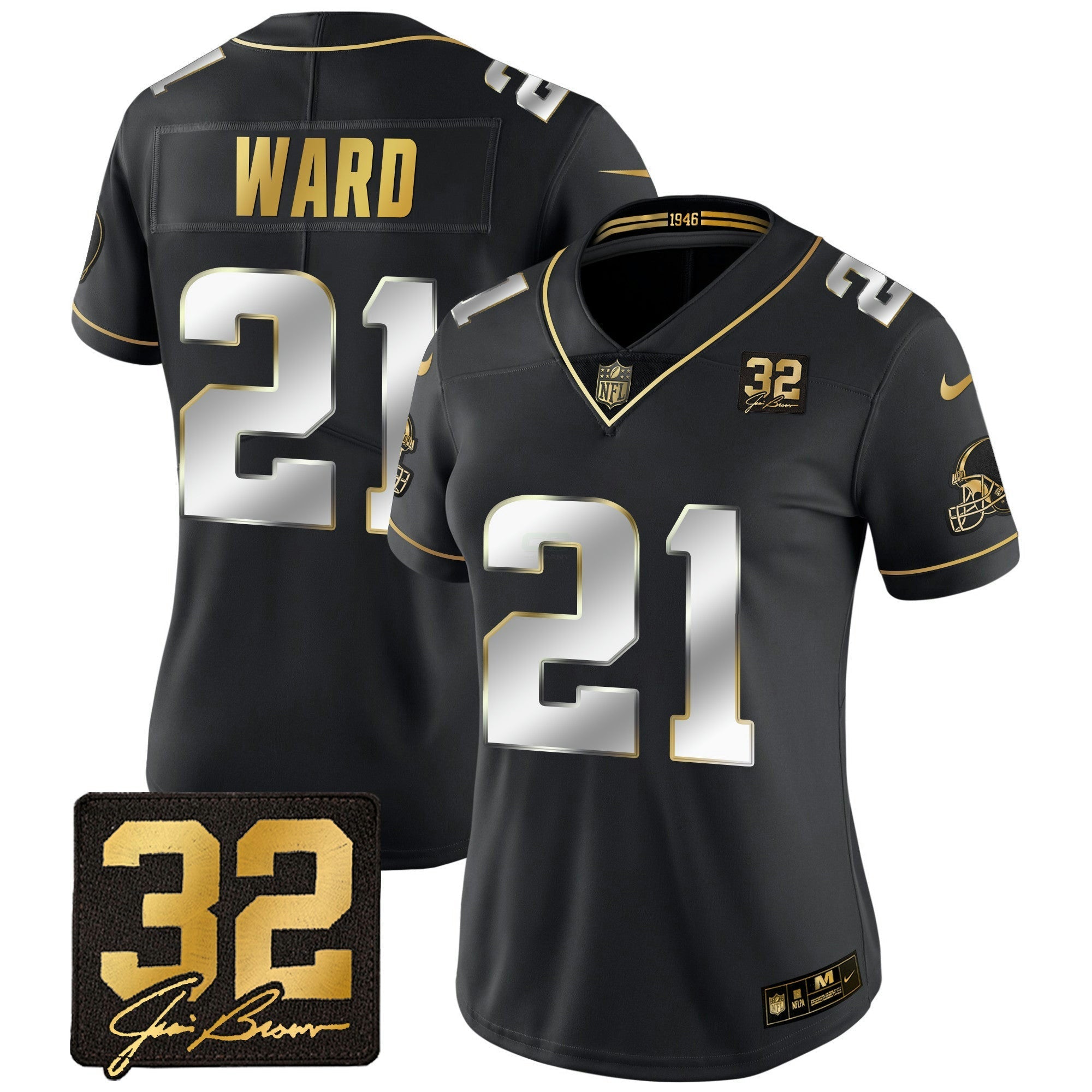 Camisa NFL Women’s #32 Jim Brown Memorial Patch Dourada Jersey