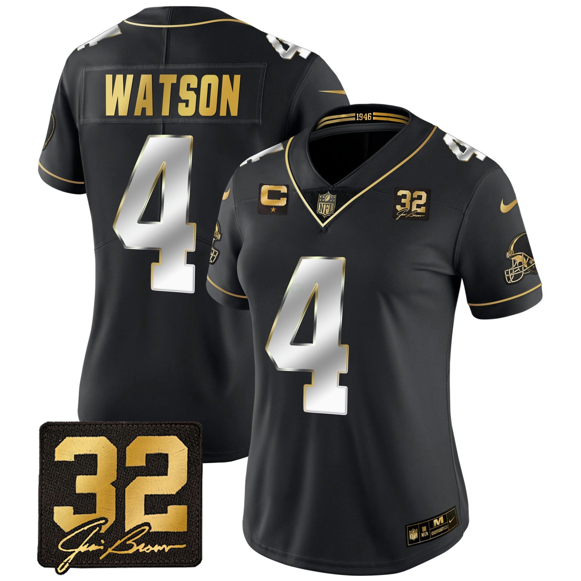 Camisa NFL Women’s #32 Jim Brown Memorial Patch Dourada Jersey