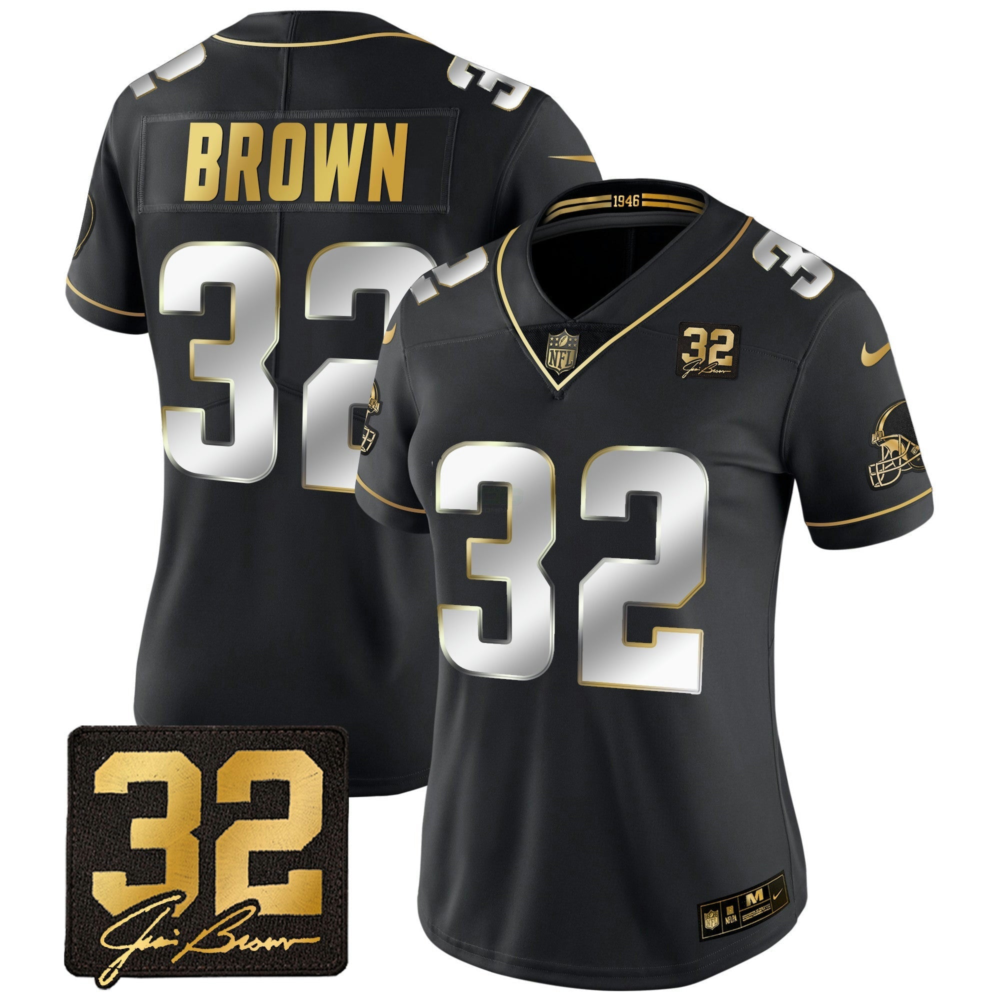 Camisa NFL Women’s #32 Jim Brown Memorial Patch Dourada Jersey