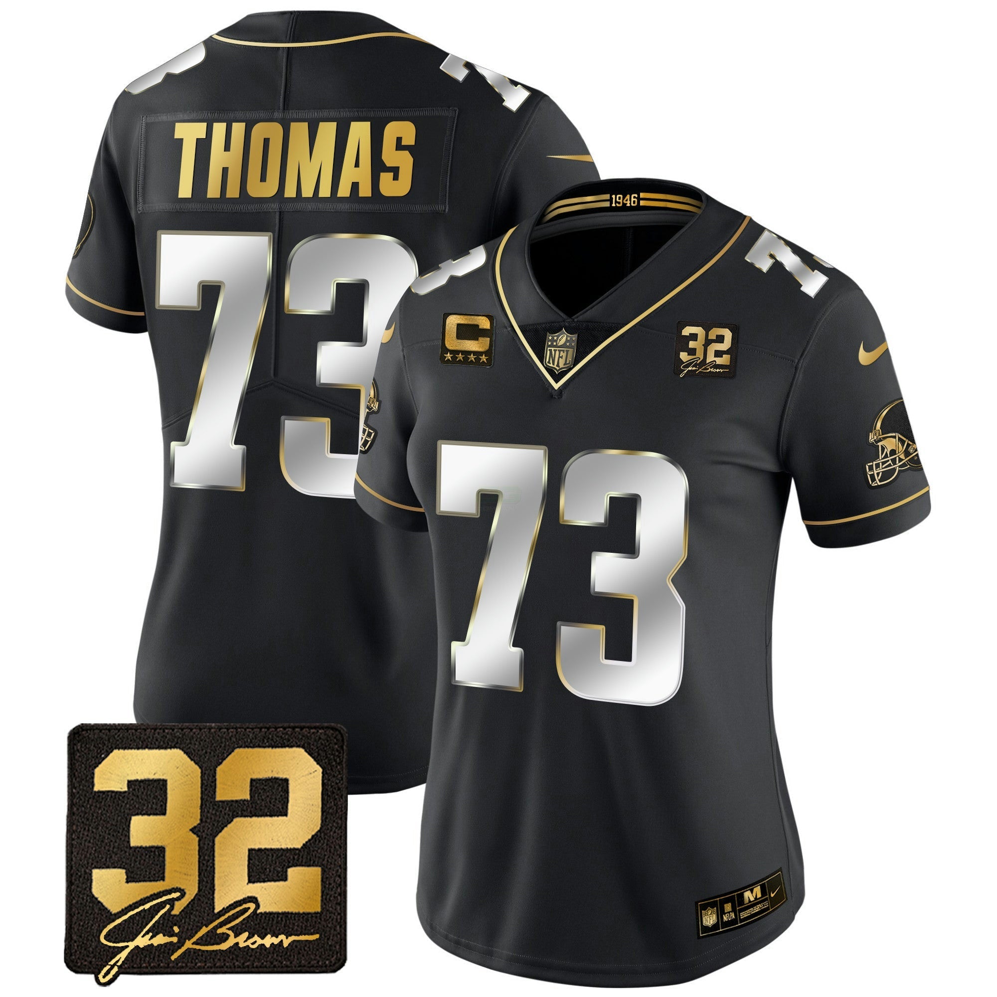 Camisa NFL Women’s #32 Jim Brown Memorial Patch Dourada Jersey