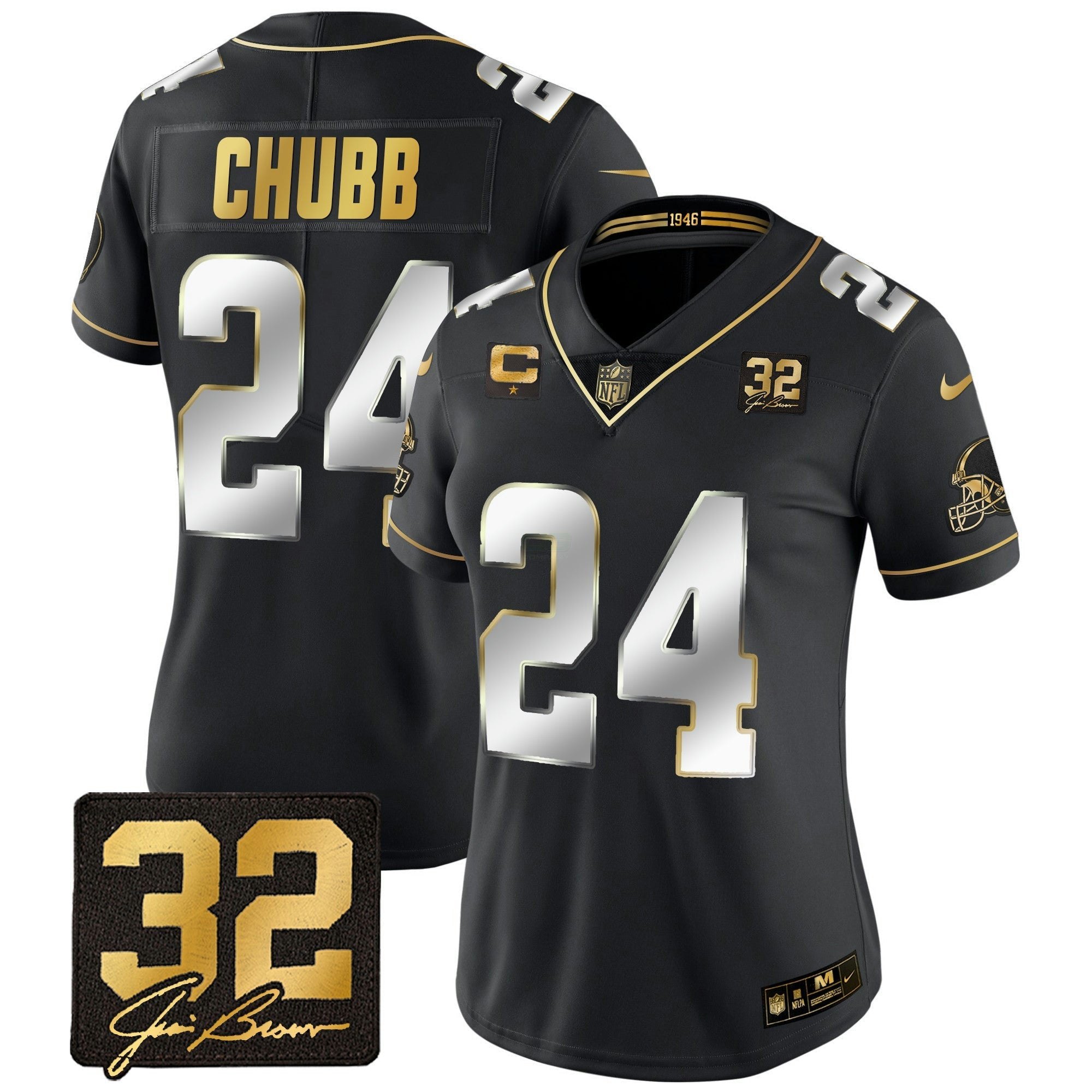 Camisa NFL Women’s #32 Jim Brown Memorial Patch Dourada Jersey