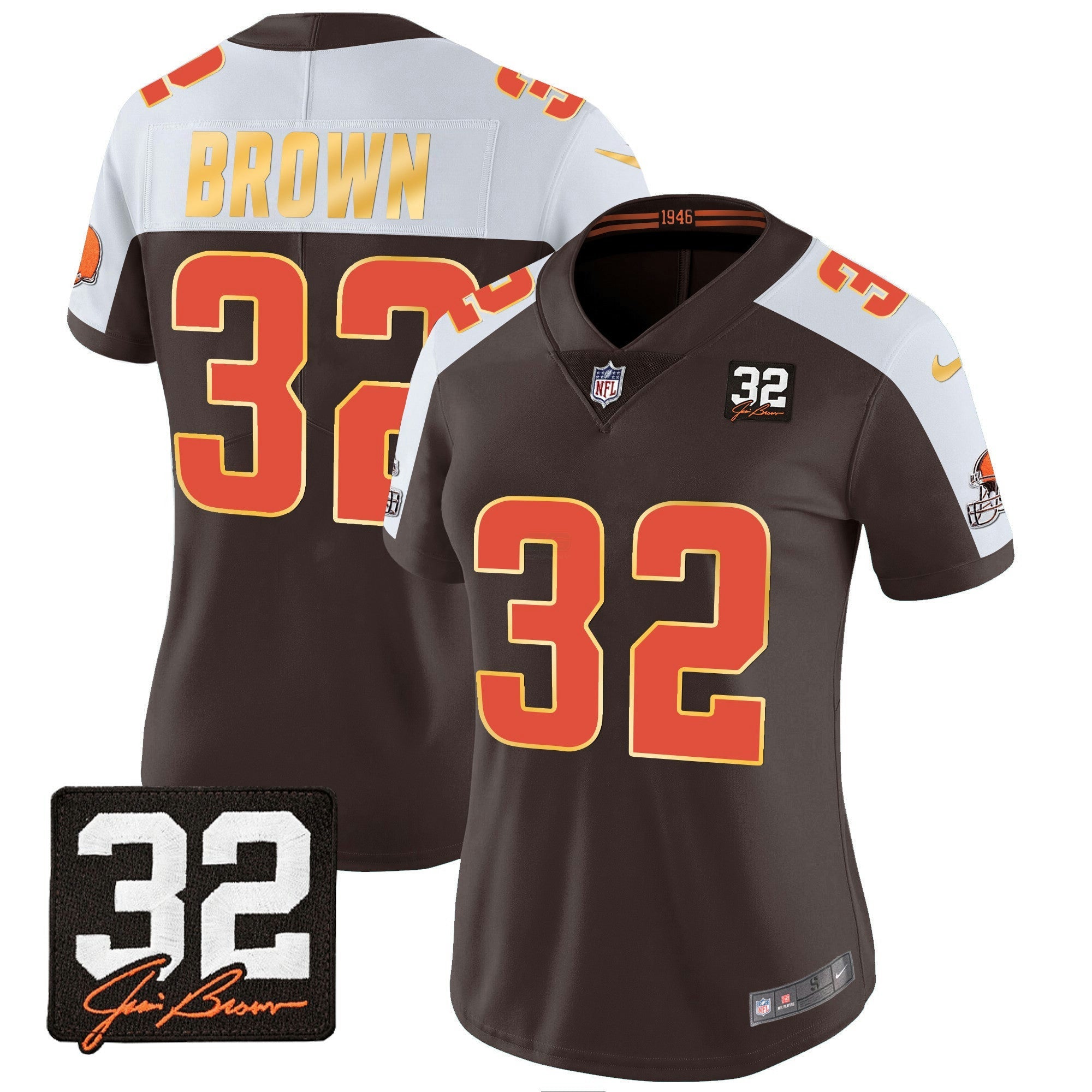 Camisa NFL Women’s #32 Jim Brown Memorial Patch Dourada Trim Jersey
