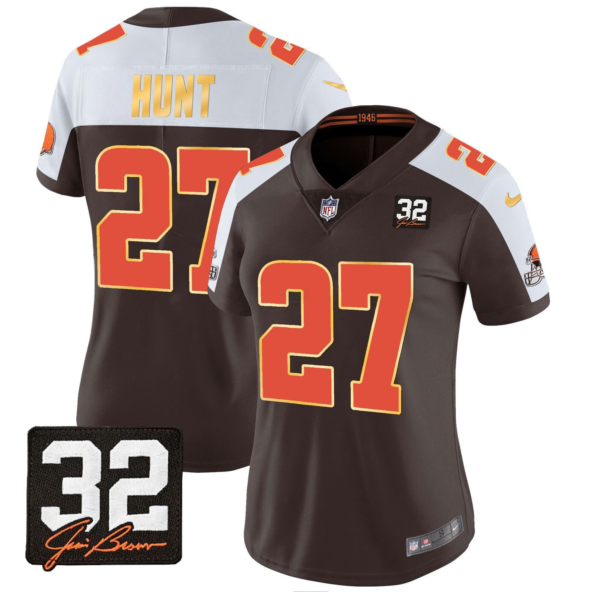 Camisa NFL Women’s #32 Jim Brown Memorial Patch Dourada Trim Jersey