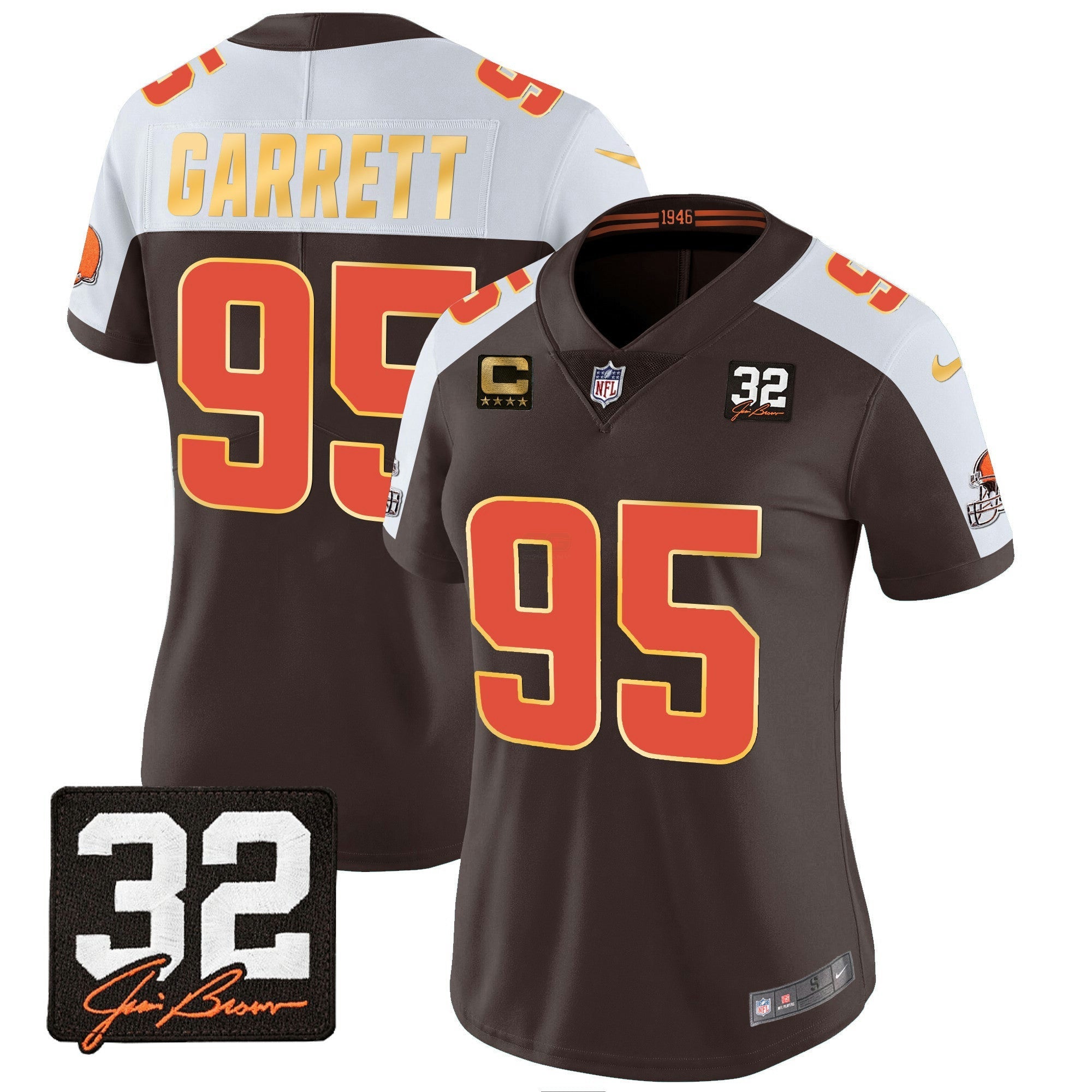 Camisa NFL Women’s #32 Jim Brown Memorial Patch Dourada Trim Jersey
