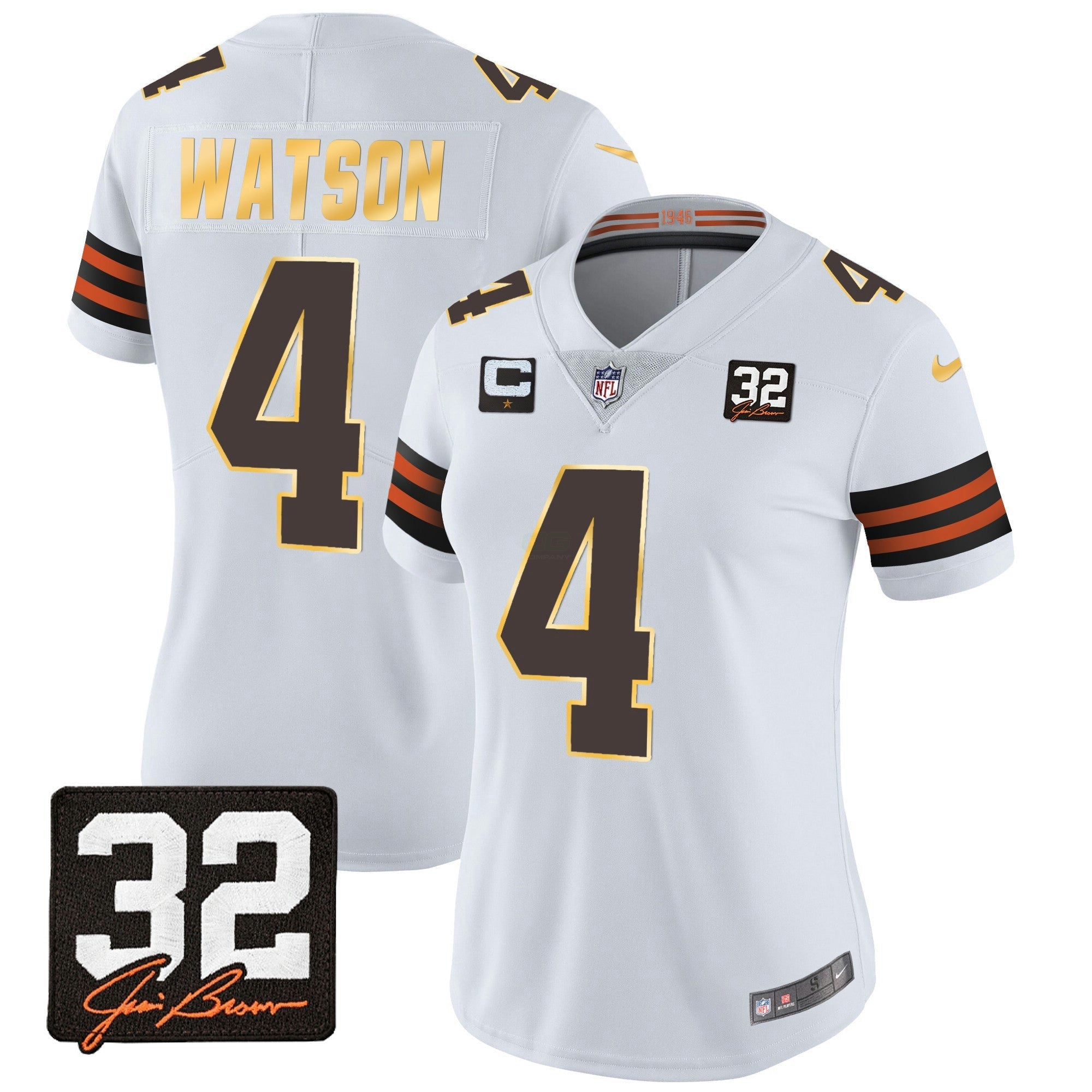 Camisa NFL Women’s #32 Jim Brown Memorial Patch Dourada Trim Jersey