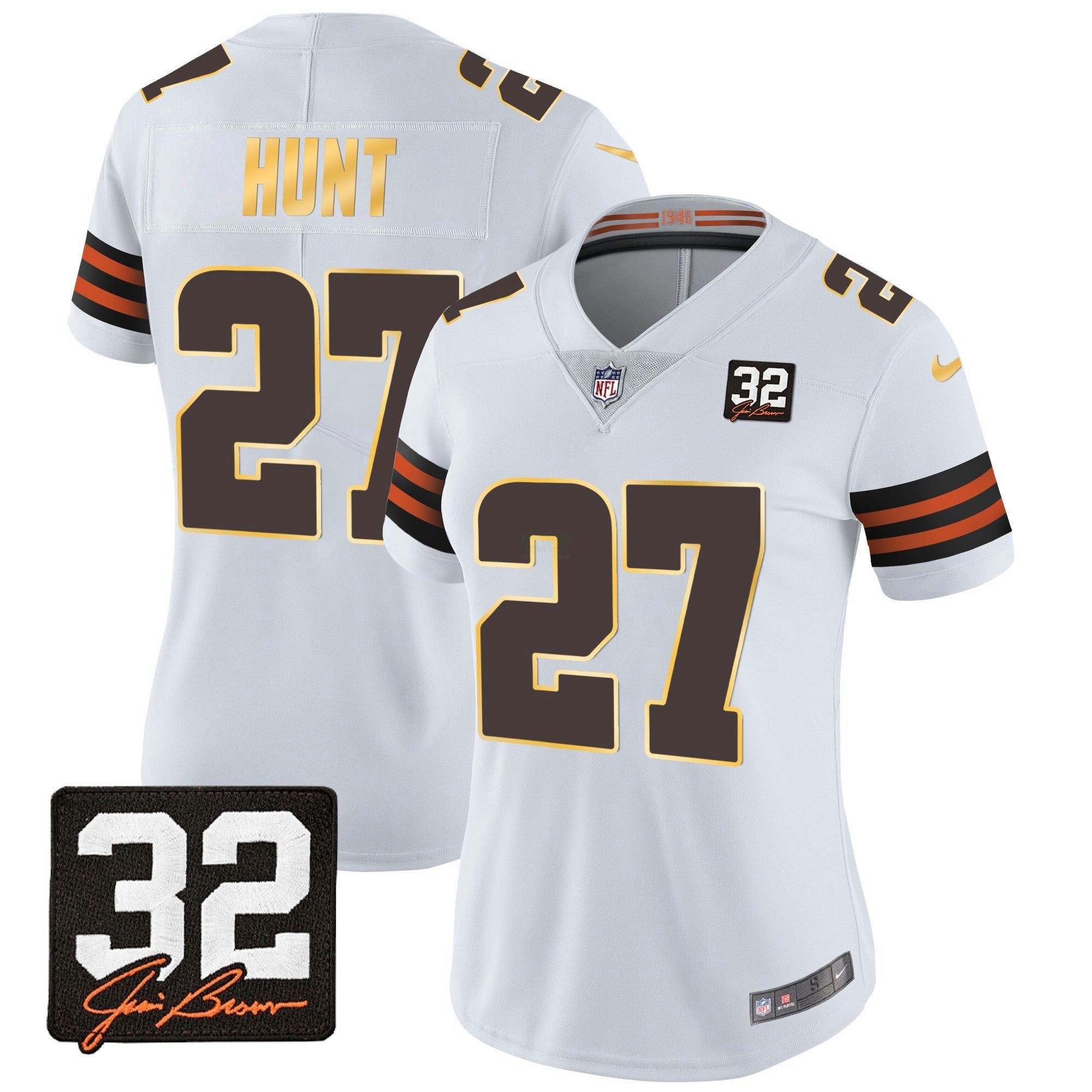 Camisa NFL Women’s #32 Jim Brown Memorial Patch Dourada Trim Jersey