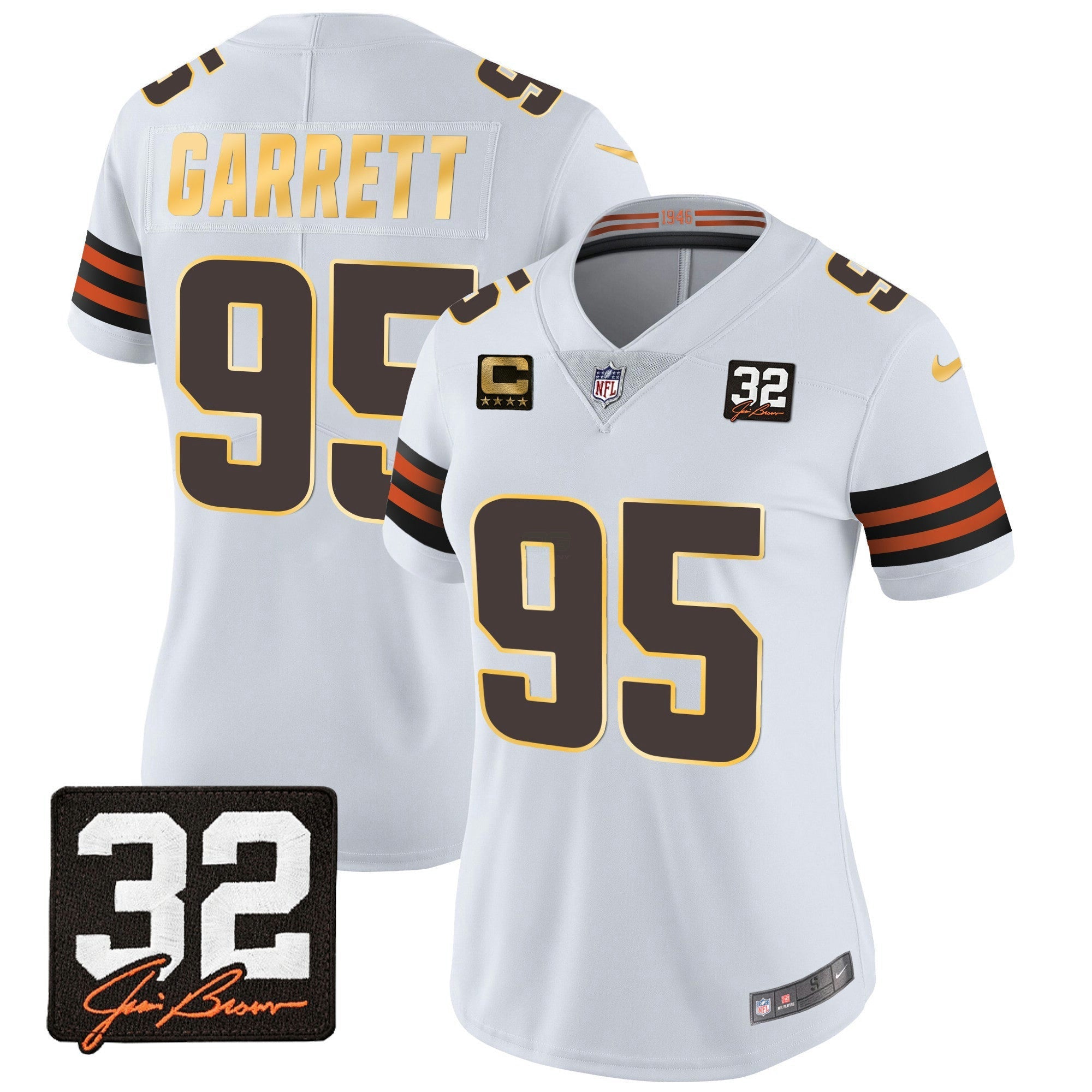 Camisa NFL Women’s #32 Jim Brown Memorial Patch Dourada Trim Jersey