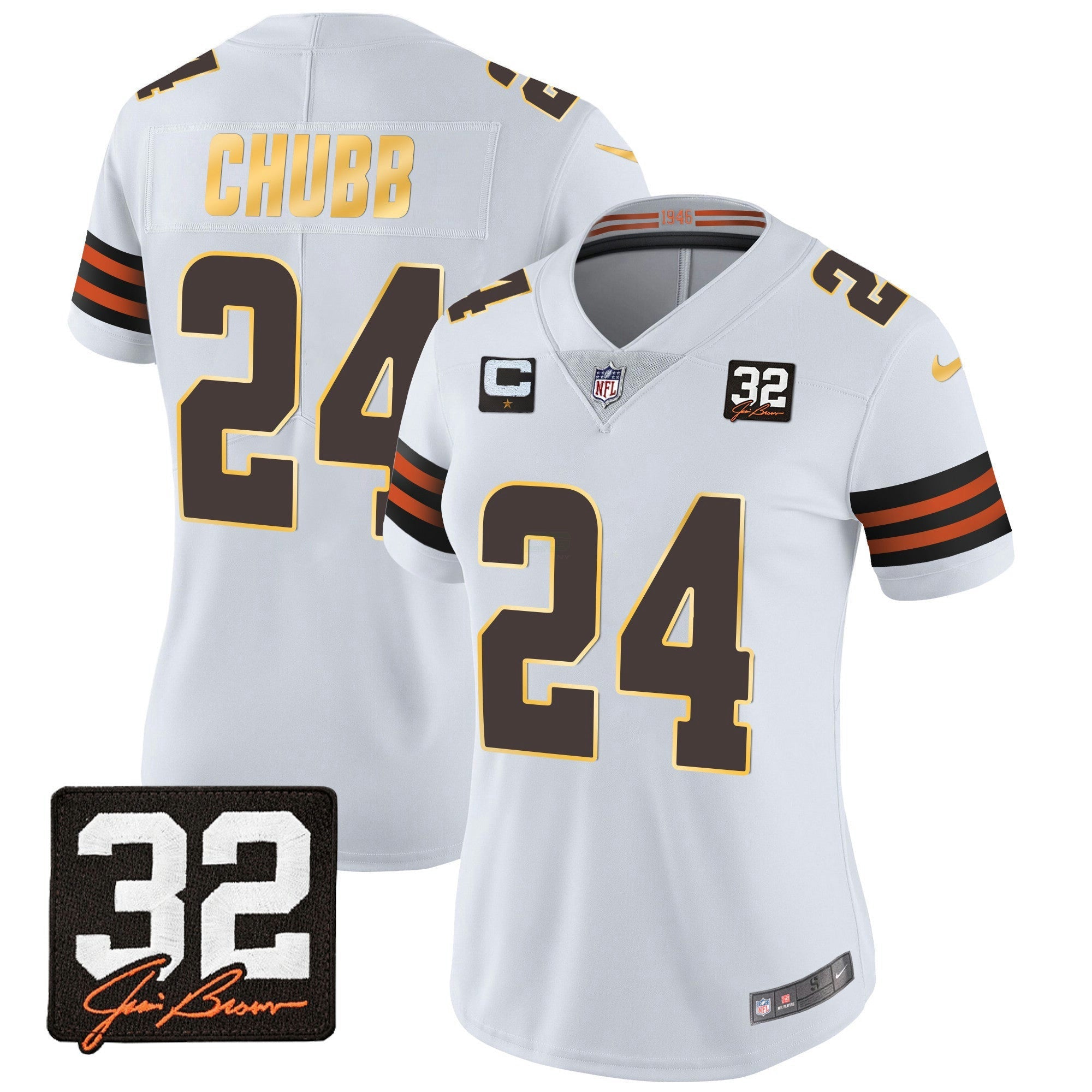 Camisa NFL Women’s #32 Jim Brown Memorial Patch Dourada Trim Jersey