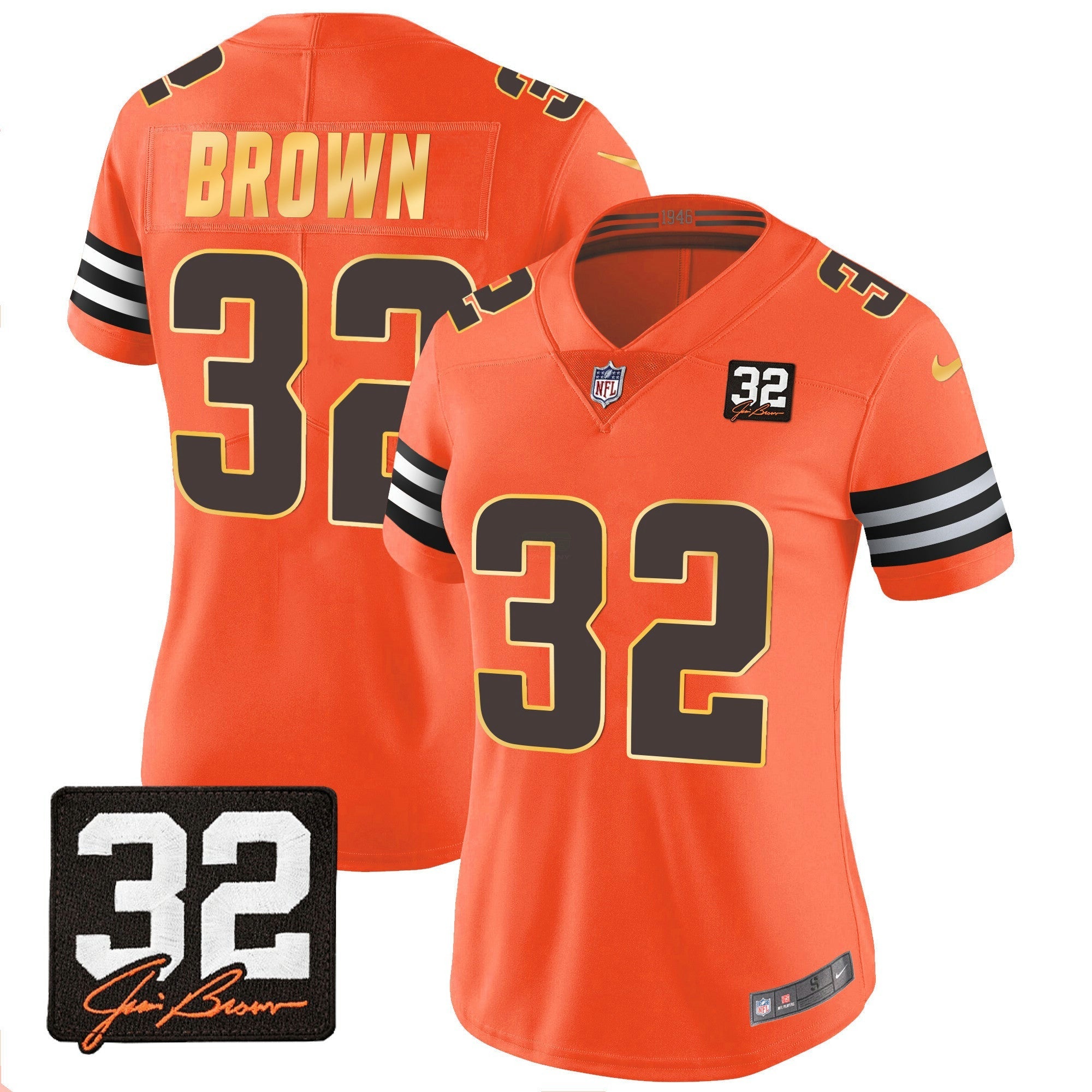 Camisa NFL Women’s #32 Jim Brown Memorial Patch Dourada Trim Jersey