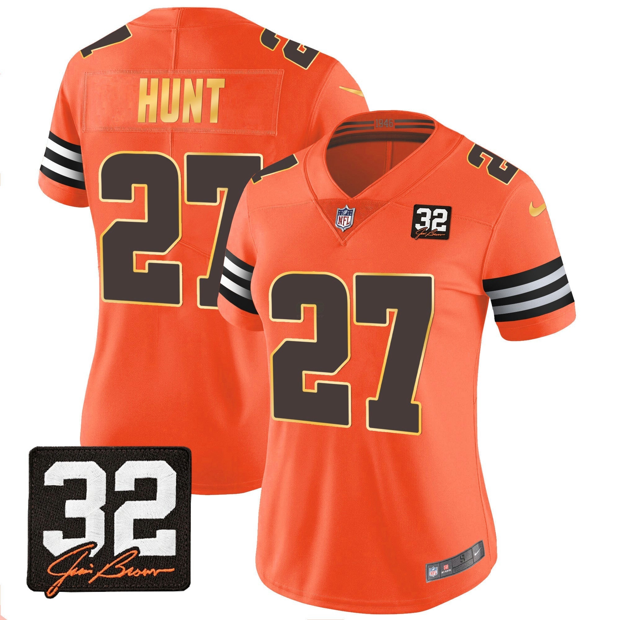 Camisa NFL Women’s #32 Jim Brown Memorial Patch Dourada Trim Jersey