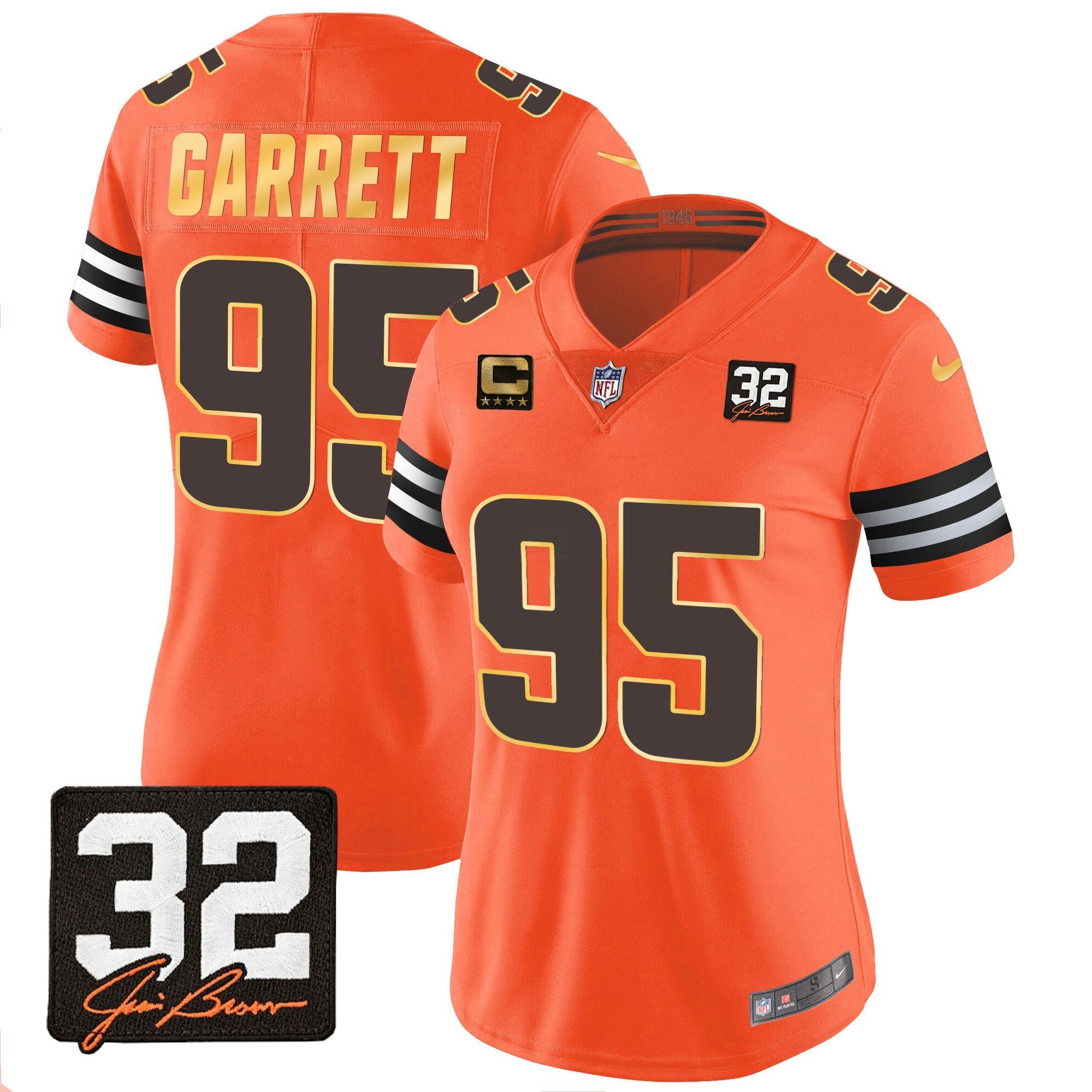Camisa NFL Women’s #32 Jim Brown Memorial Patch Dourada Trim Jersey