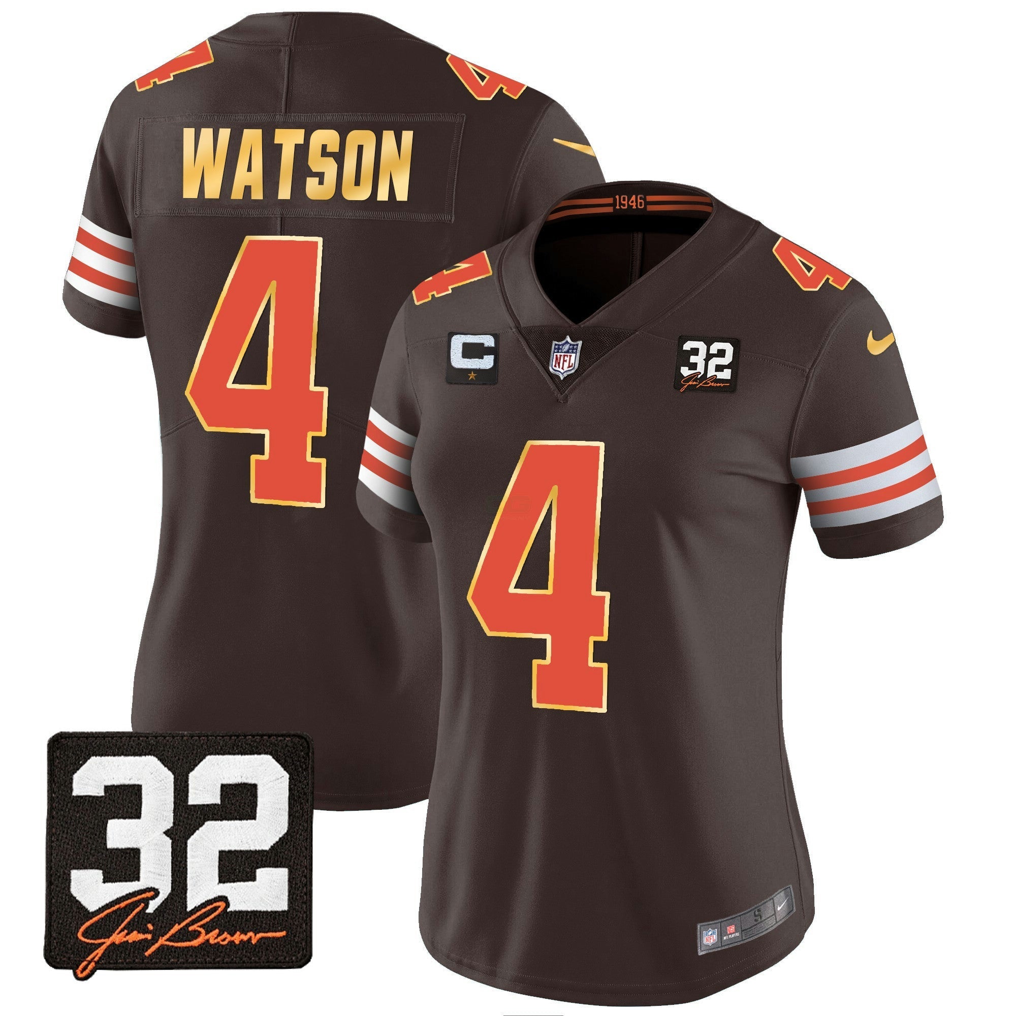Camisa NFL Women’s #32 Jim Brown Memorial Patch Dourada Trim Jersey