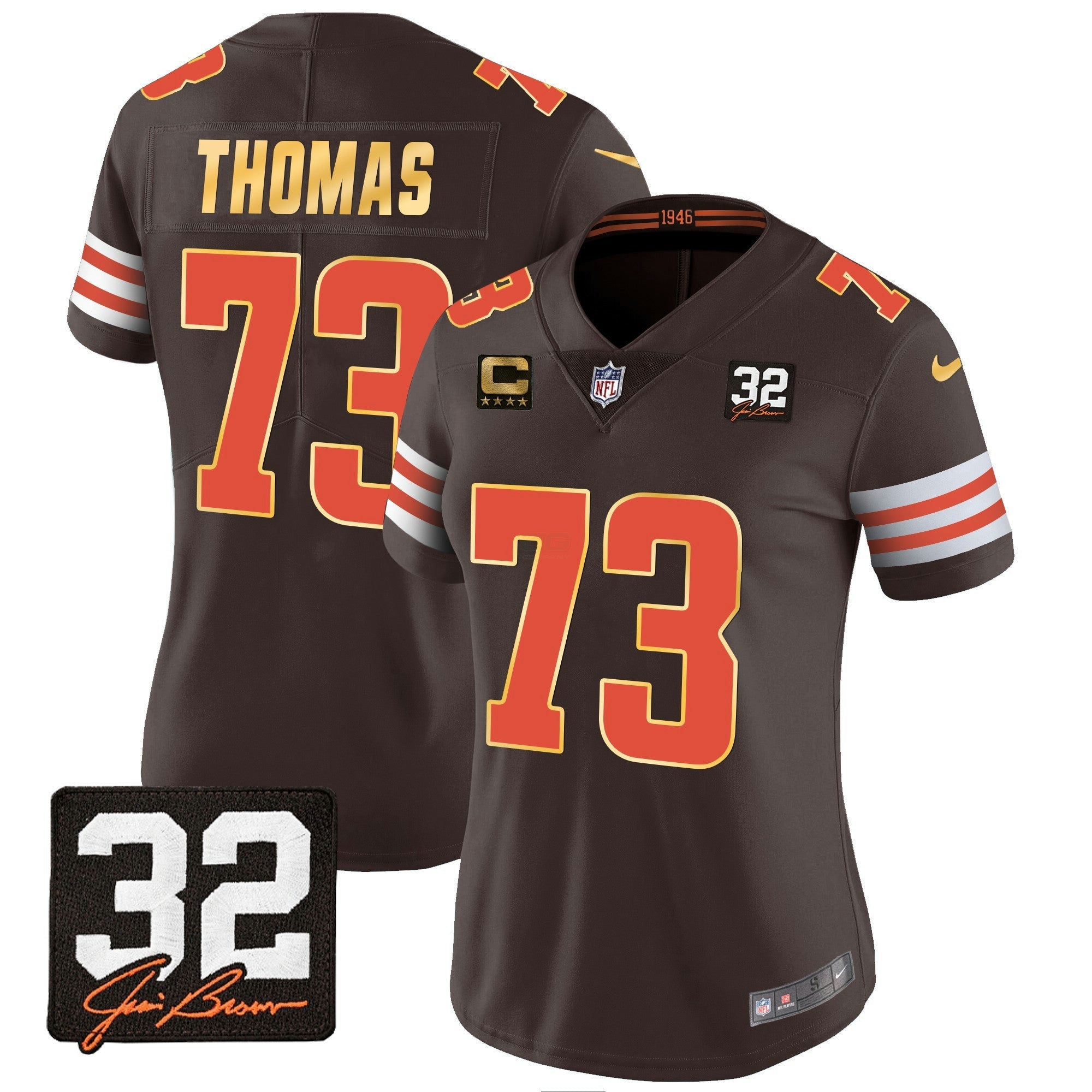 Camisa NFL Women’s #32 Jim Brown Memorial Patch Dourada Trim Jersey