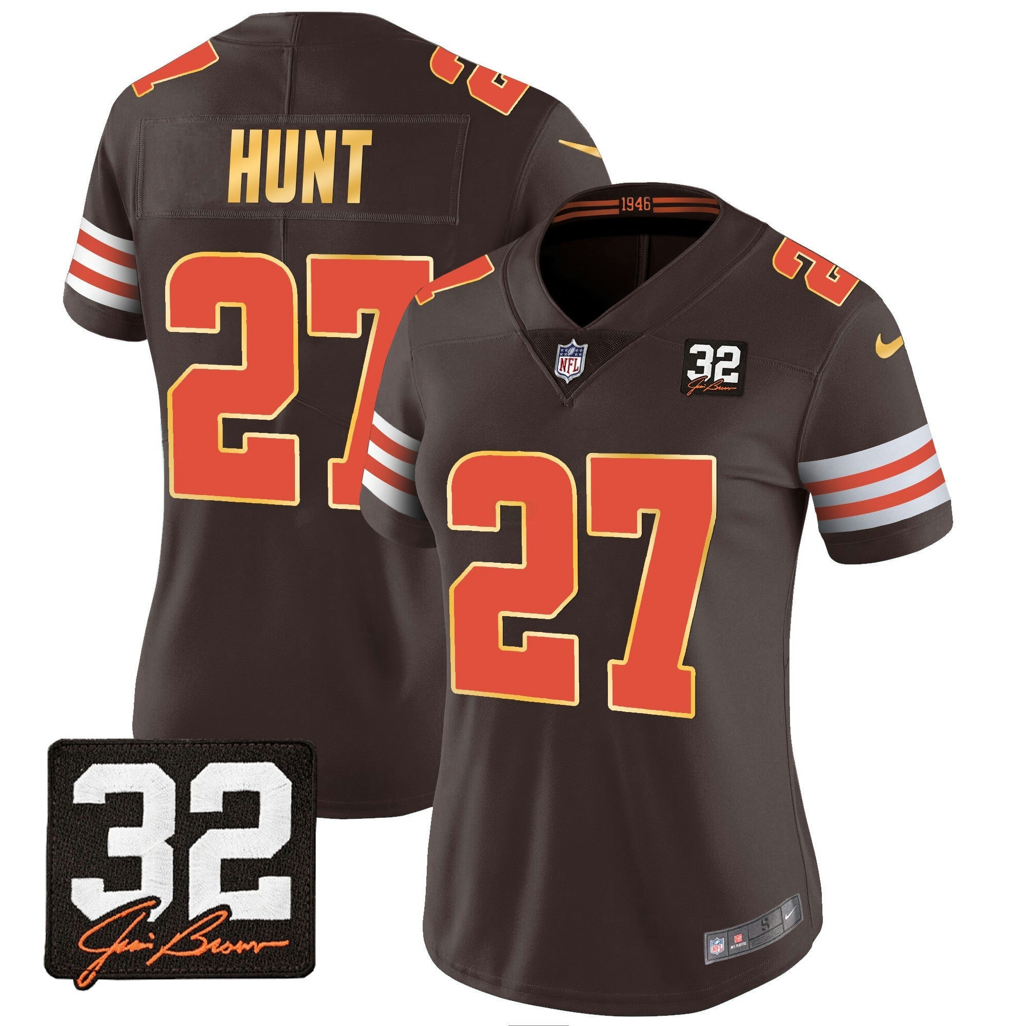 Camisa NFL Women’s #32 Jim Brown Memorial Patch Dourada Trim Jersey