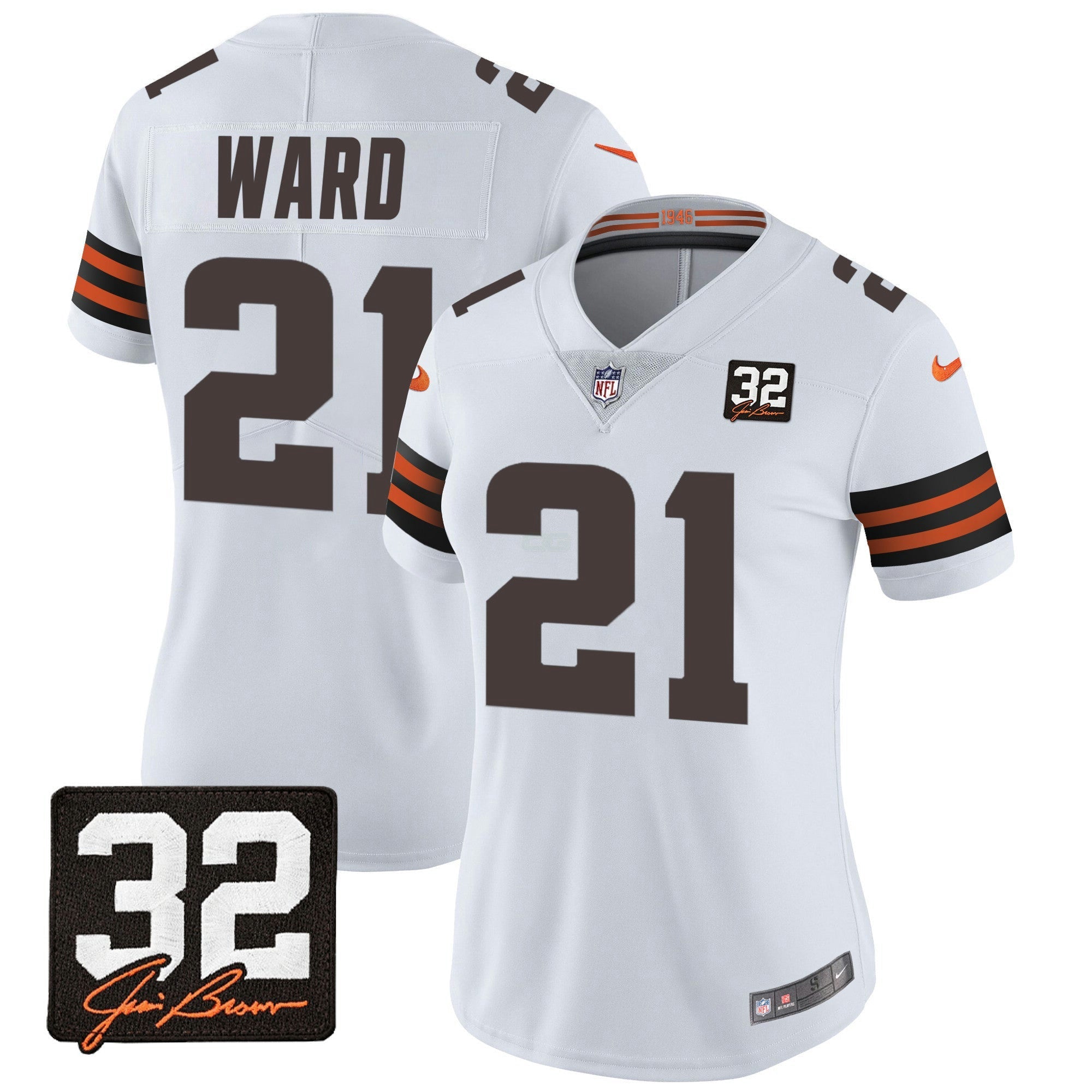 Camisa NFL Women’s #32 Jim Brown Memorial Patch Jersey